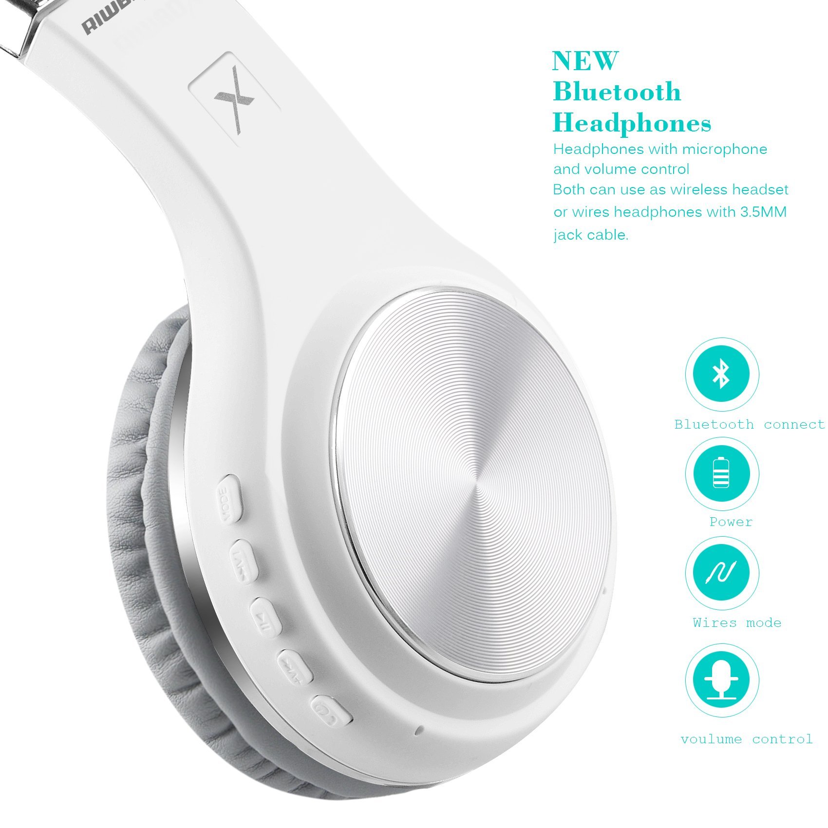 Riwbox XBT-80 Wireless Bluetooth Headphones Over Ear with Microphone, Foldable Stereo Headset with Volume Control for PC/Phone/TV/iPad - Silver White | Perfect for Workouts, Gaming & Travel