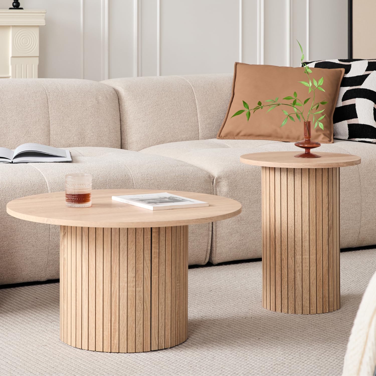Round Nesting Coffee Tables Set of 2 - Modern Boho Fluted Drum Side Tables for Living Room, Bedroom, Office - 27.6
