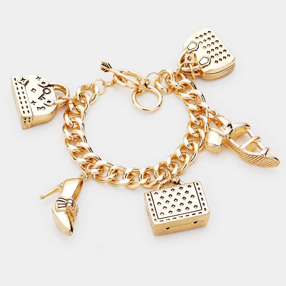 Vintage Gold Stiletto Heel Handbag Charm Bracelet - Elegant Metal Toggle Clasp Jewelry for Women, Perfect for Evening Parties, Date Nights & Fashion Accessories