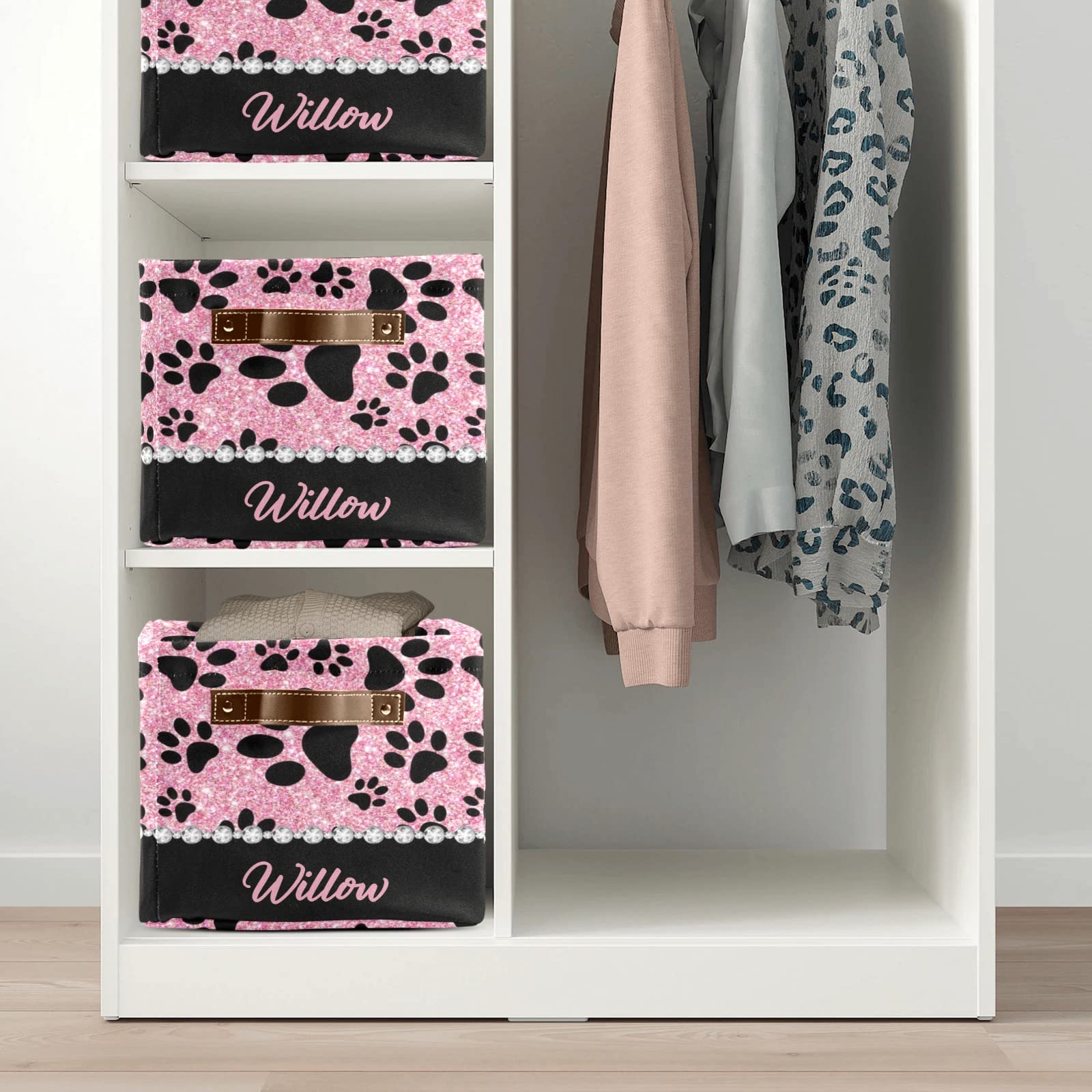 Personalized Dog Paw Pink Glitter Storage Bins - Durable Cubic Organizer Basket with Handle for Shelves, Wardrobe, Nursery & Toy Storage (1 Pack) - Perfect for Pet Lovers' Home Organization & Kids' Room Decor