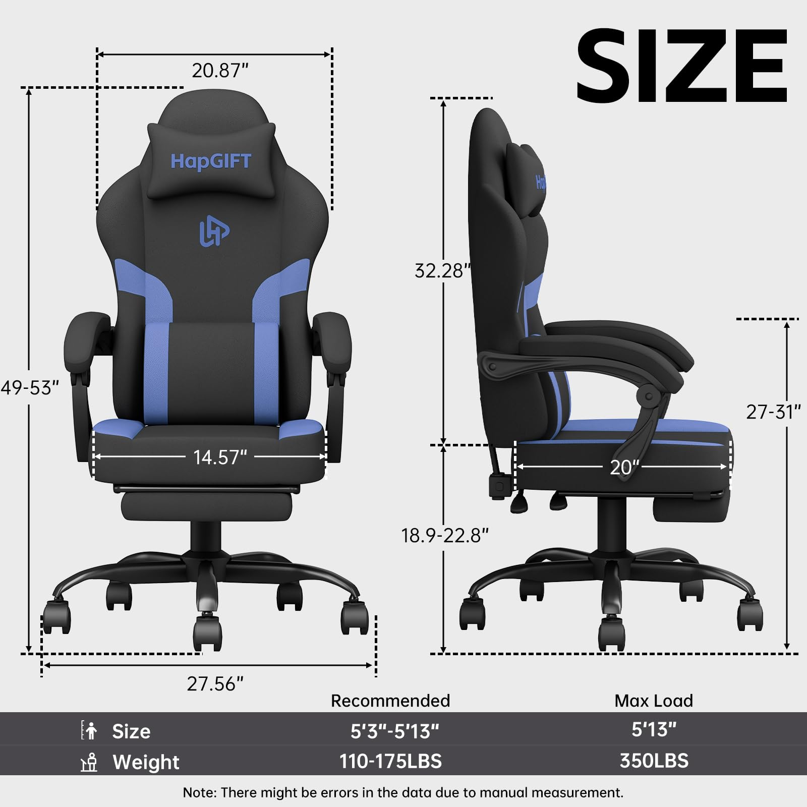 HapGIFT Ergonomic Gaming Chair for Adults - High Back Computer Chair with Massage Lumbar Support & Headrest - Breathable Technical Fabric Office Chair with Wide Seat Cushion & Footrest - Supports 300LBS (Black-Blue) - Perfect for PC Gaming, Home Office & Esports Tournaments