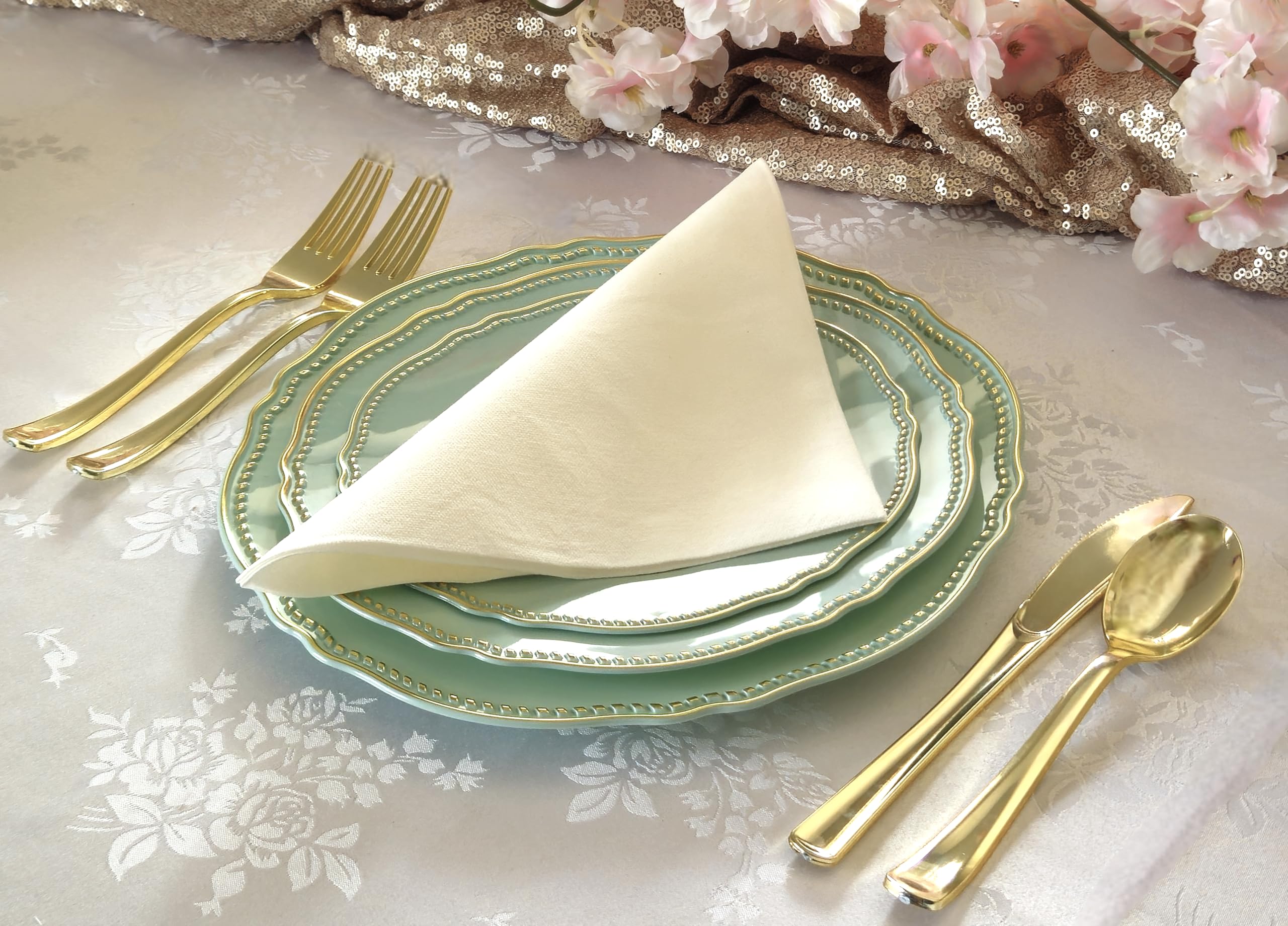 640-Piece Heavyweight Disposable Plastic Plate Set for Weddings & Parties - 80 x 10.25'' Dinner Plates, 80 x 7.5'' Dessert Plates, Silverware, Cups & Napkins (Rochelle Seafoam/Mint & Gold) - Perfect for Large Gatherings, Bridal Showers & Catering Events