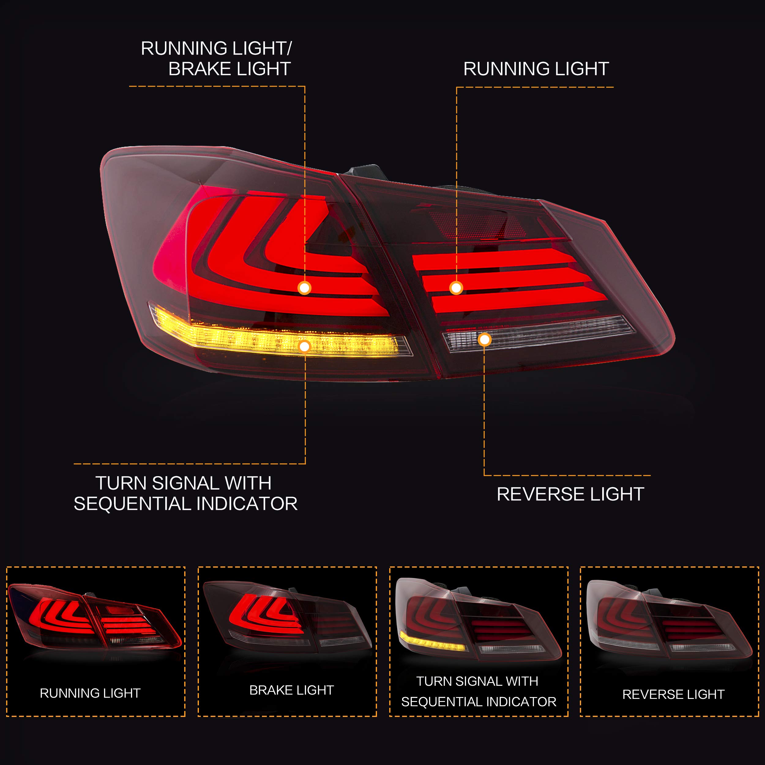 VLAND LED Tail Lights Assembly Compatible with 2013-2015 Honda Accord (Excludes LX, Sport Sedan & Touring Models) - Upgrade Your Car's Rear Lighting for Enhanced Safety & Style