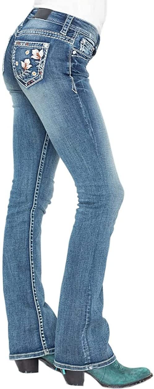 Vintage Washed Mid-Rise Slim Stretch Bootcut Jeans for Women - Curvy Fit with Embroidery Denim - Perfect for Casual Wear, Date Nights & Boho Style Outfits