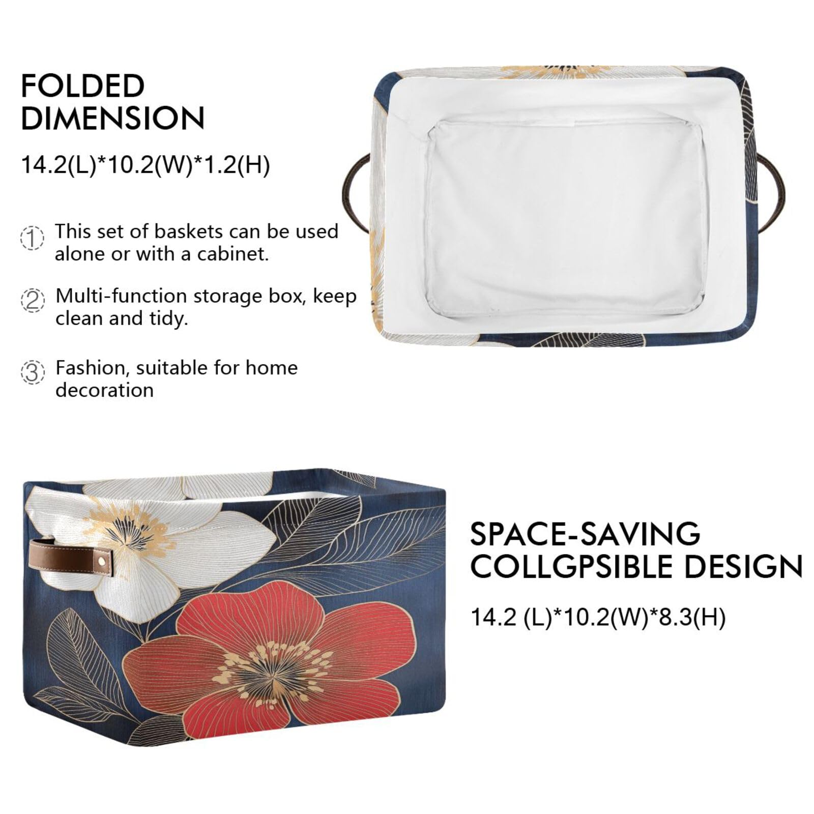 Large Fabric Storage Bins with Handles - Collapsible Organizer for Clothes, Toys & Home - Floral Sketch Design