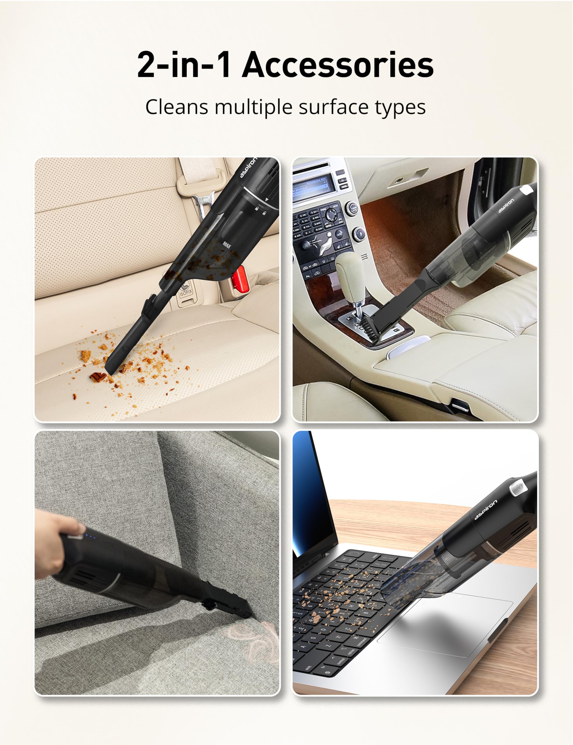 **Aspiron 15KPA Cordless Handheld Vacuum Cleaner - Rechargeable Car & Home Vacuum with Charging Dock, Ergonomic Handle, 2-in-1 Crevice Tool, 2-Speed Settings - Lightweight 1.8lb Portable Vacuum for Pet Hair, Car Seats & Stairs (Black)**