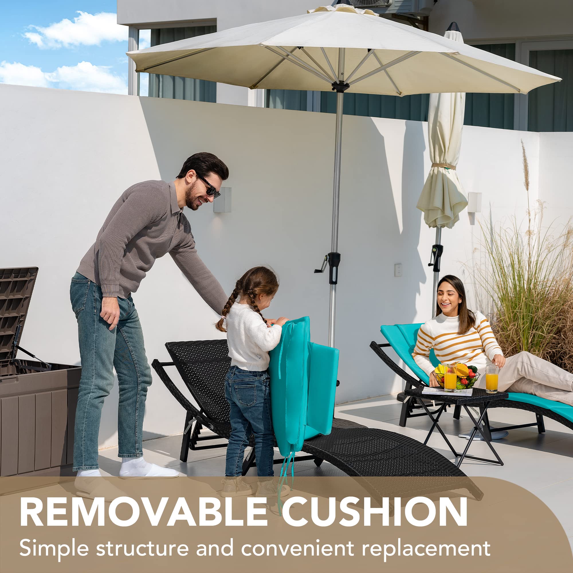 Devoko 3-Piece Outdoor Patio Chaise Lounge Set with Adjustable Back & Cushions - Rattan Folding Chaise Lounge with Side Table (Blue) - Perfect for Poolside, Garden, Backyard Relaxation & Sunbathing
