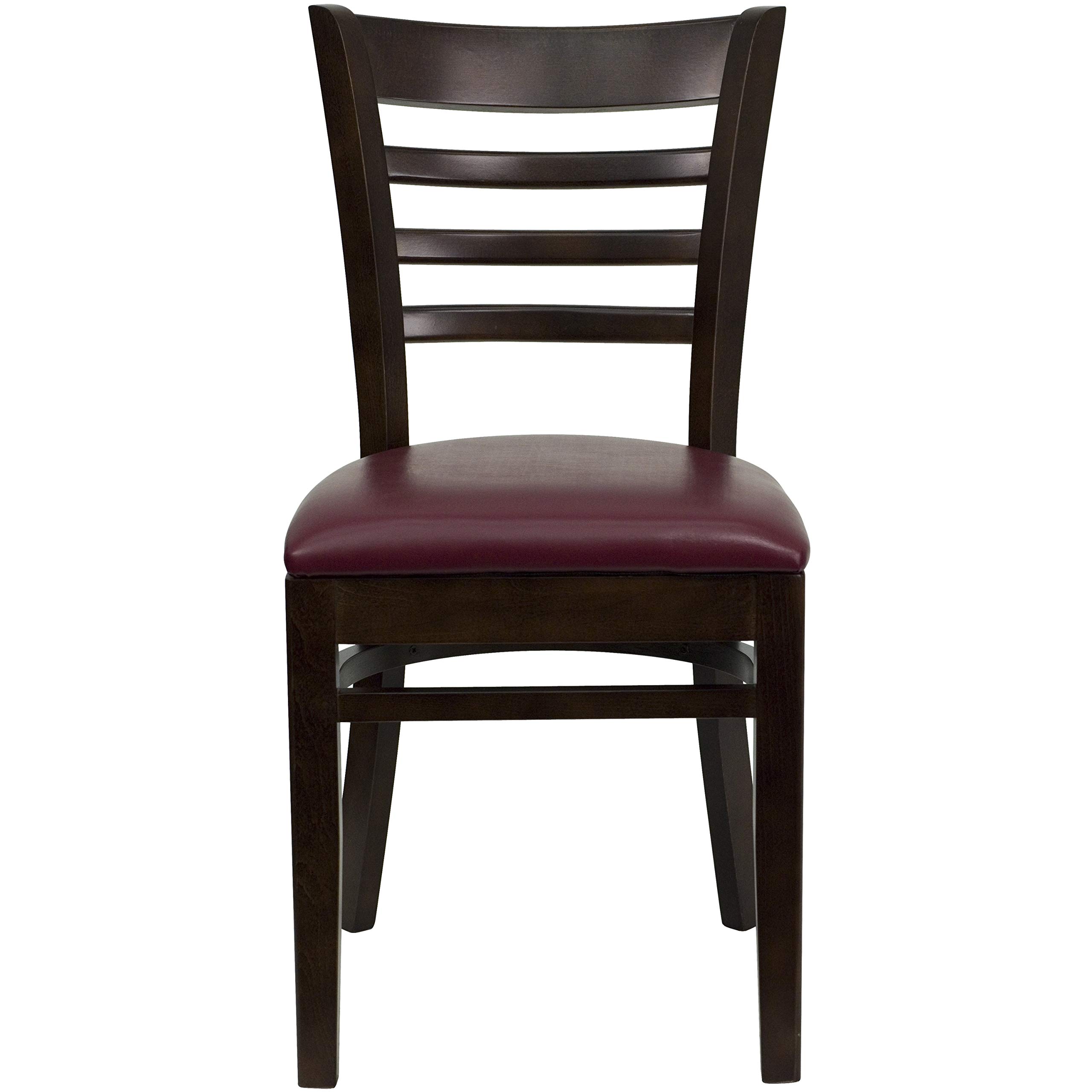 2 Pack Walnut Wood Ladder Back Dining Chairs with Burgundy Vinyl Upholstered Seats - Sturdy Restaurant Chairs for Home Kitchen, Cafe, Bistro & Dining Room