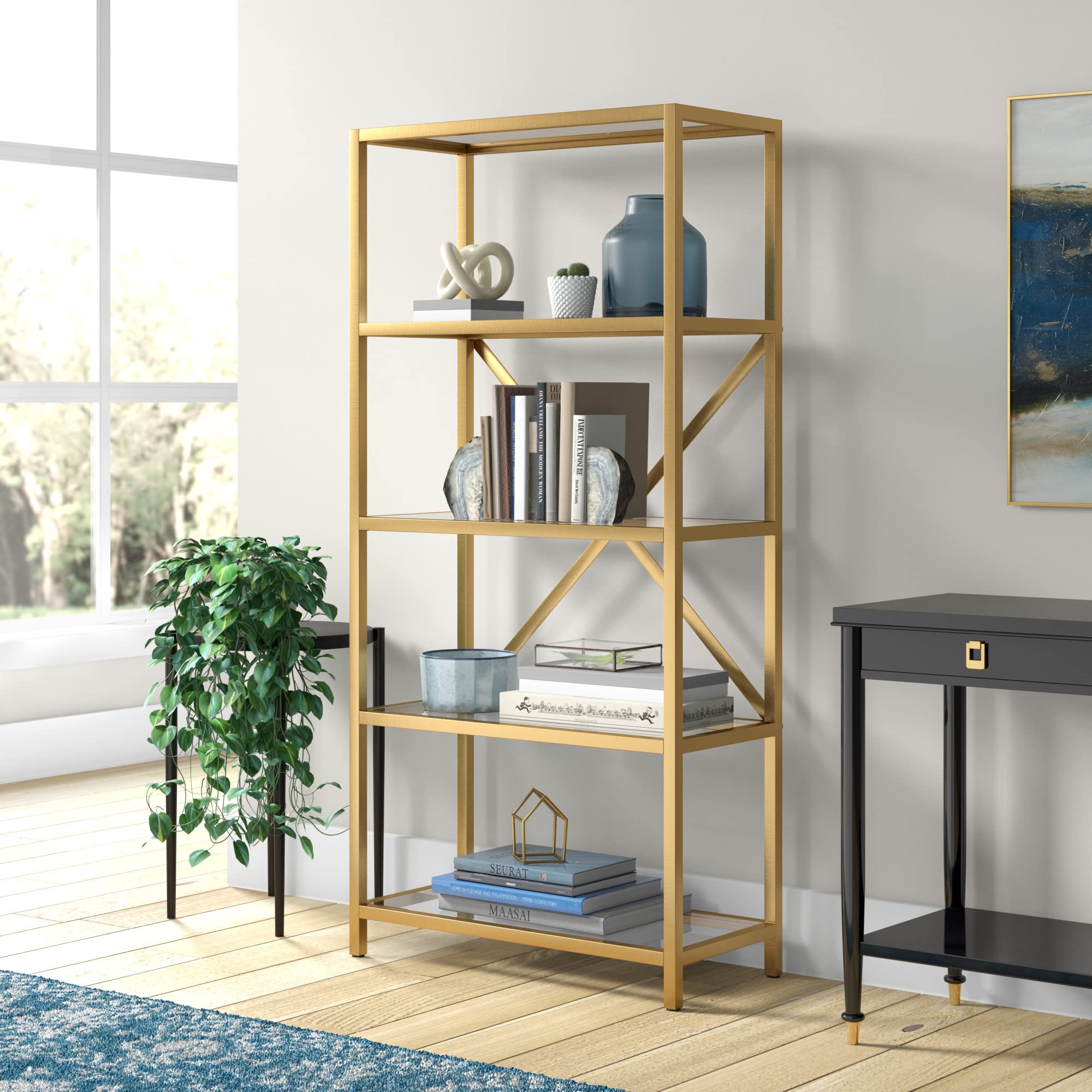 Etta 63 Inch Tall Rectangular Bookcase in Brushed Brass Finish - Modern Bookshelf for Living Room, Office, or Library Storage