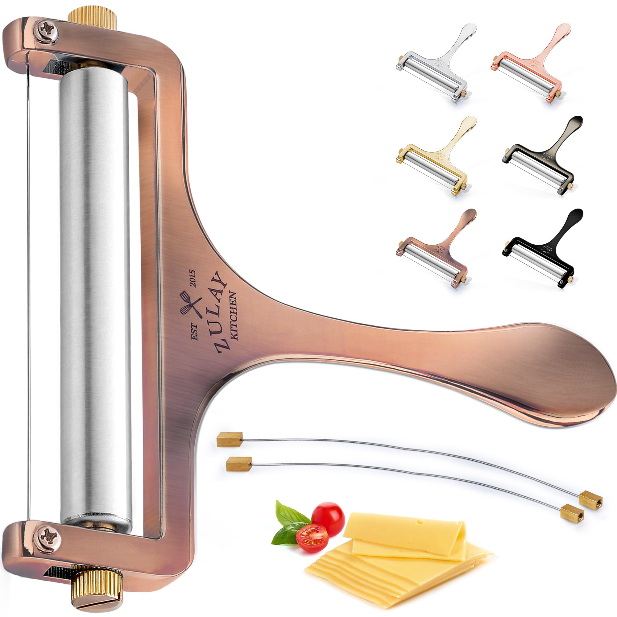 Zulay Adjustable Thickness Cheese Slicer - Heavy Duty Wire Cheese Cutter for Mozzarella, Cheddar, Gouda & Block Cheese - Includes 2 Extra Copper Wires - Perfect for Kitchen, Deli, Party Platters & Charcuterie Boards