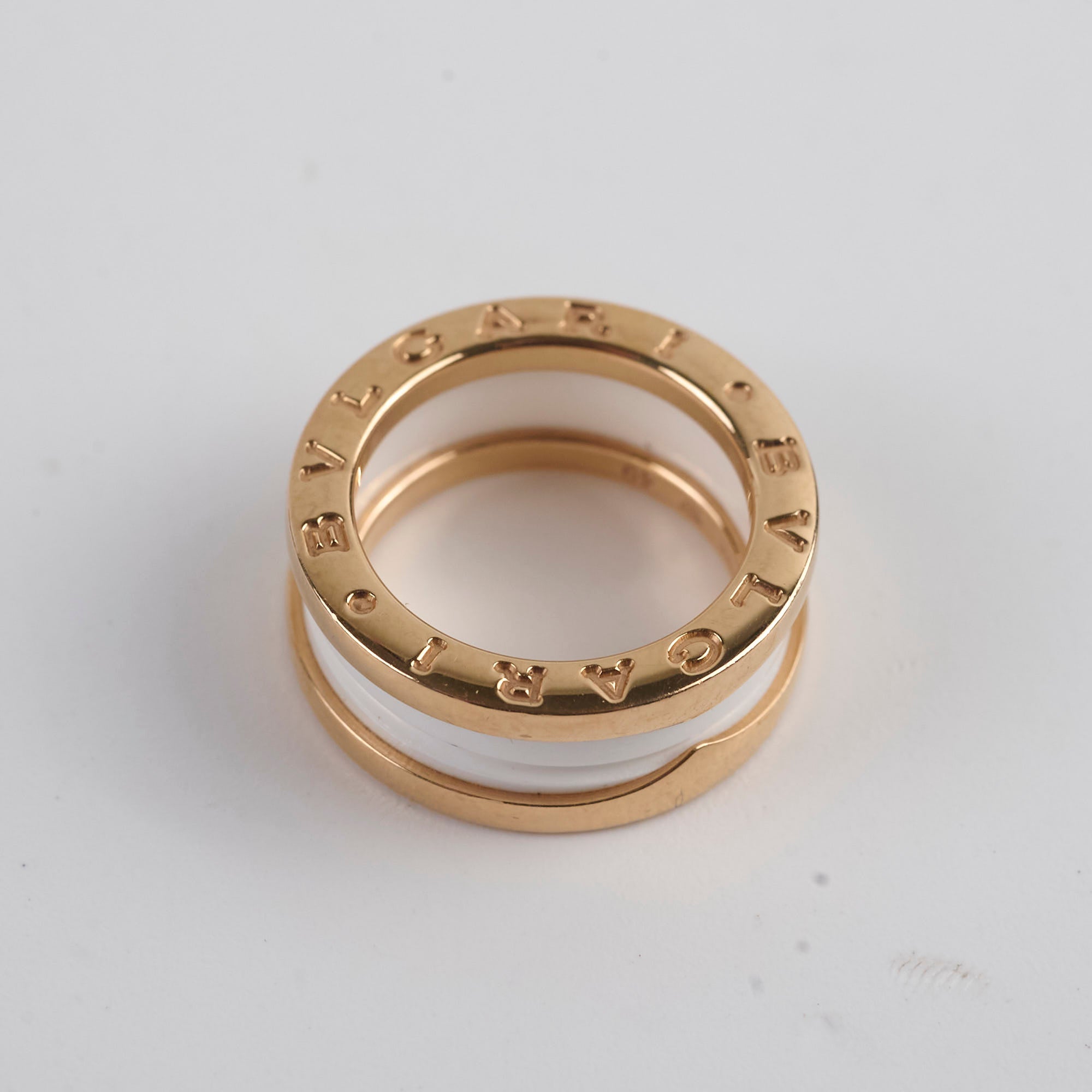 Bvlgari B.Zero1 18K Pink Gold & White Ceramic Ring - Size 49 (US 5) | Luxury Italian Jewelry for Women, Anniversary Gift, Wedding Band, Everyday Elegance