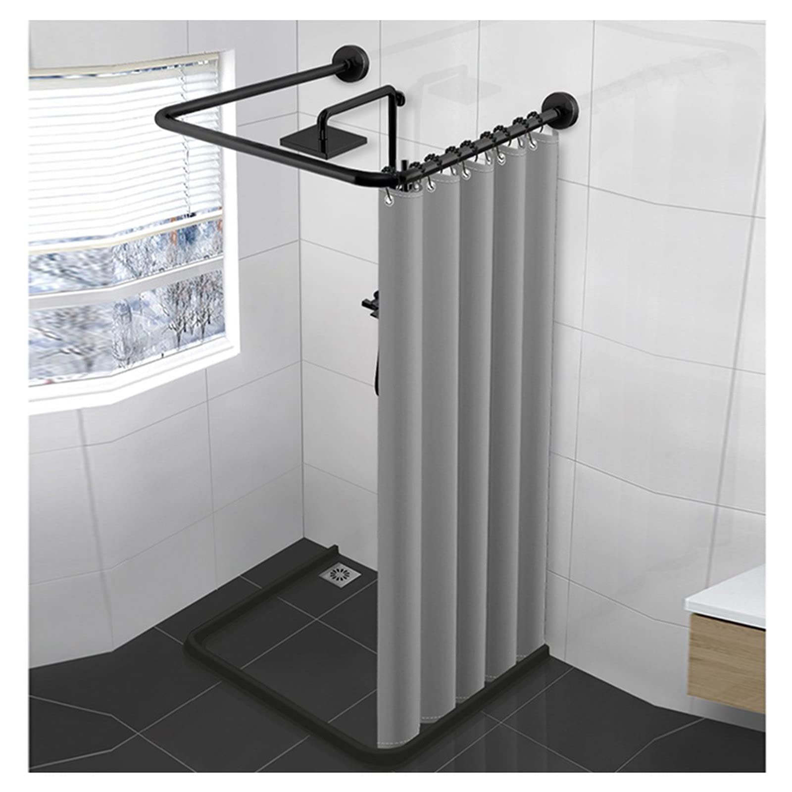 U-Shaped Extendable No-Drill Shower Curtain Rod Set with Waterproof Liner - Stainless Steel Tension Curved Shower Rail for Bathroom (Perfect for Small Spaces & Corner Showers)