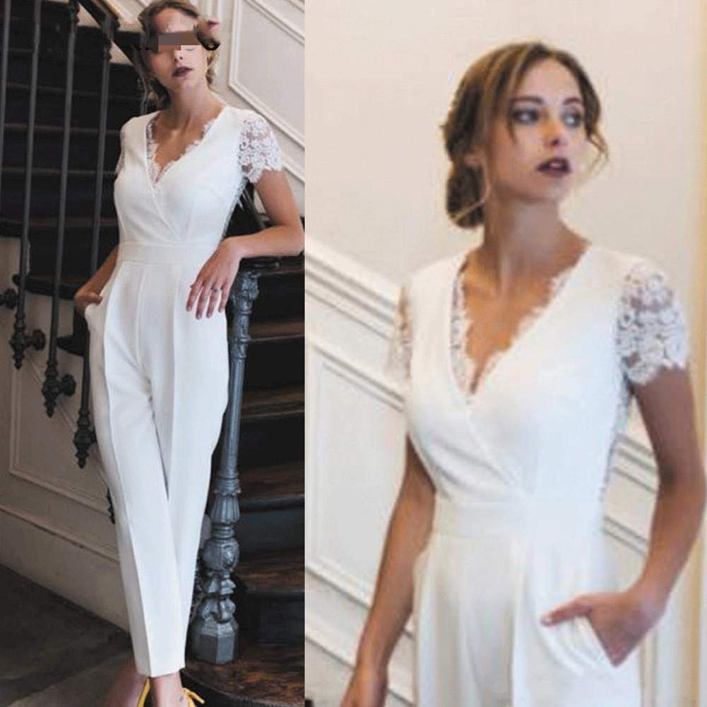 Honeydress Women's V-Neck Long Jumpsuit - Elegant Short Sleeve Lace Ruched Formal Dress for Prom, Party & Evening Events | Perfect for Weddings, Cocktails & Special Occasions