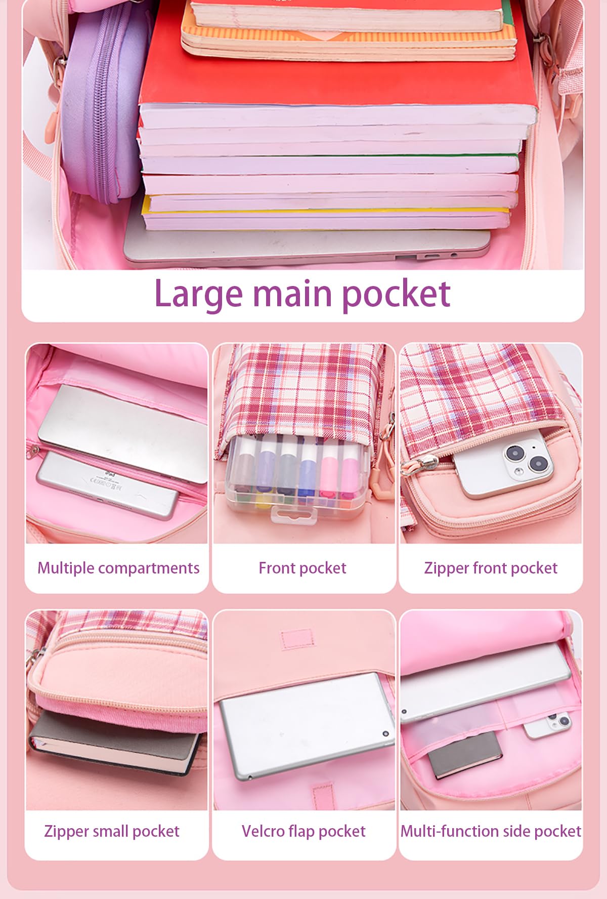5Pcs Pink Plaid Backpack for School Girls - Cute Kawaii Bookbag for Elementary Students, Teen Kids Daypack for School, Travel & Casual Use (Pink Plaid) - Perfect for Class, Outings & Daily Adventures