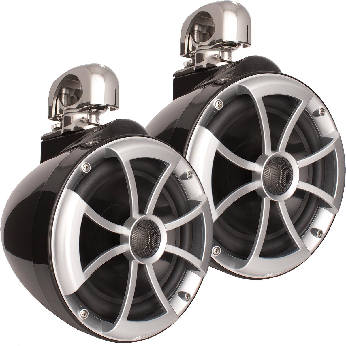 Wet Sounds ICON8B-SC 8-Inch Black Marine Tower Speakers with Stainless Steel Swivel Clamps & SYN-DX2.3 1200W Amplifier - Premium Waterproof Boat Audio System for Wakeboarding, Yachting, and Outdoor Marine Entertainment