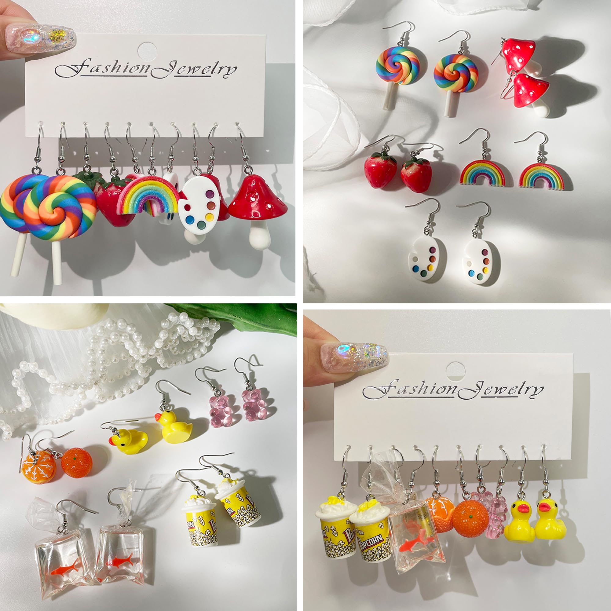 EIELO 30 Pairs Cute Funny Gummy Bear & Duck Drop Dangle Earrings for Women - Clip On Aesthetic Animal Food Earrings Set - Perfect for Parties, Gifts & Daily Fashion Accessories