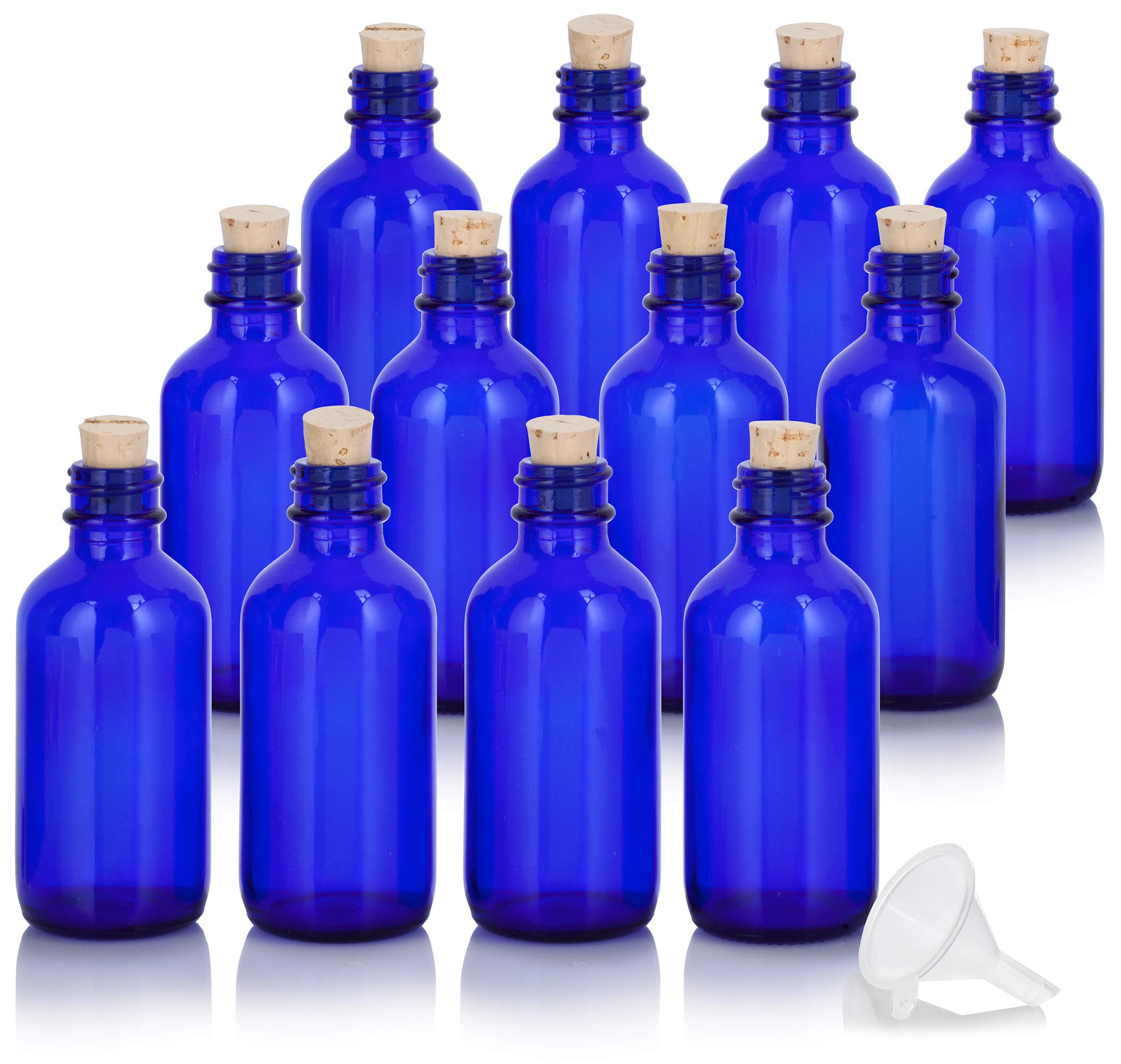 2 oz Cobalt Blue Glass Boston Round Bottle with Cork Stopper - 12 Pack + Free Funnel - Perfect for Essential Oils, DIY Beauty Products & Home Brewing