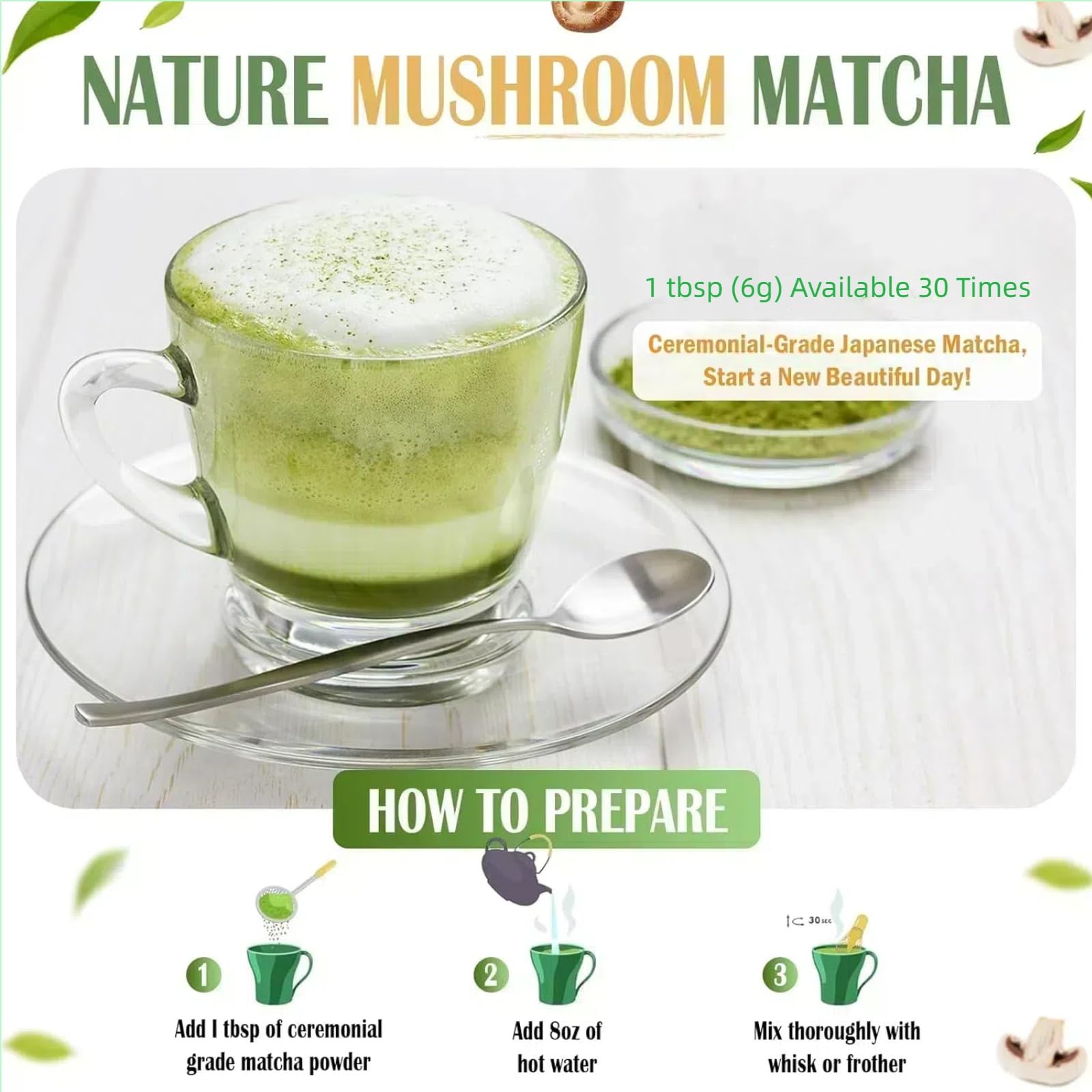 Premium Ceremonial-Grade Japanese Matcha Latte Powder with Mushroom & Collagen | Energy Booster for Focus, Digestion & Immunity Support | 1 tbsp (6g) x 30 Servings | Perfect for Morning Routine, Workout Recovery & Wellness Rituals