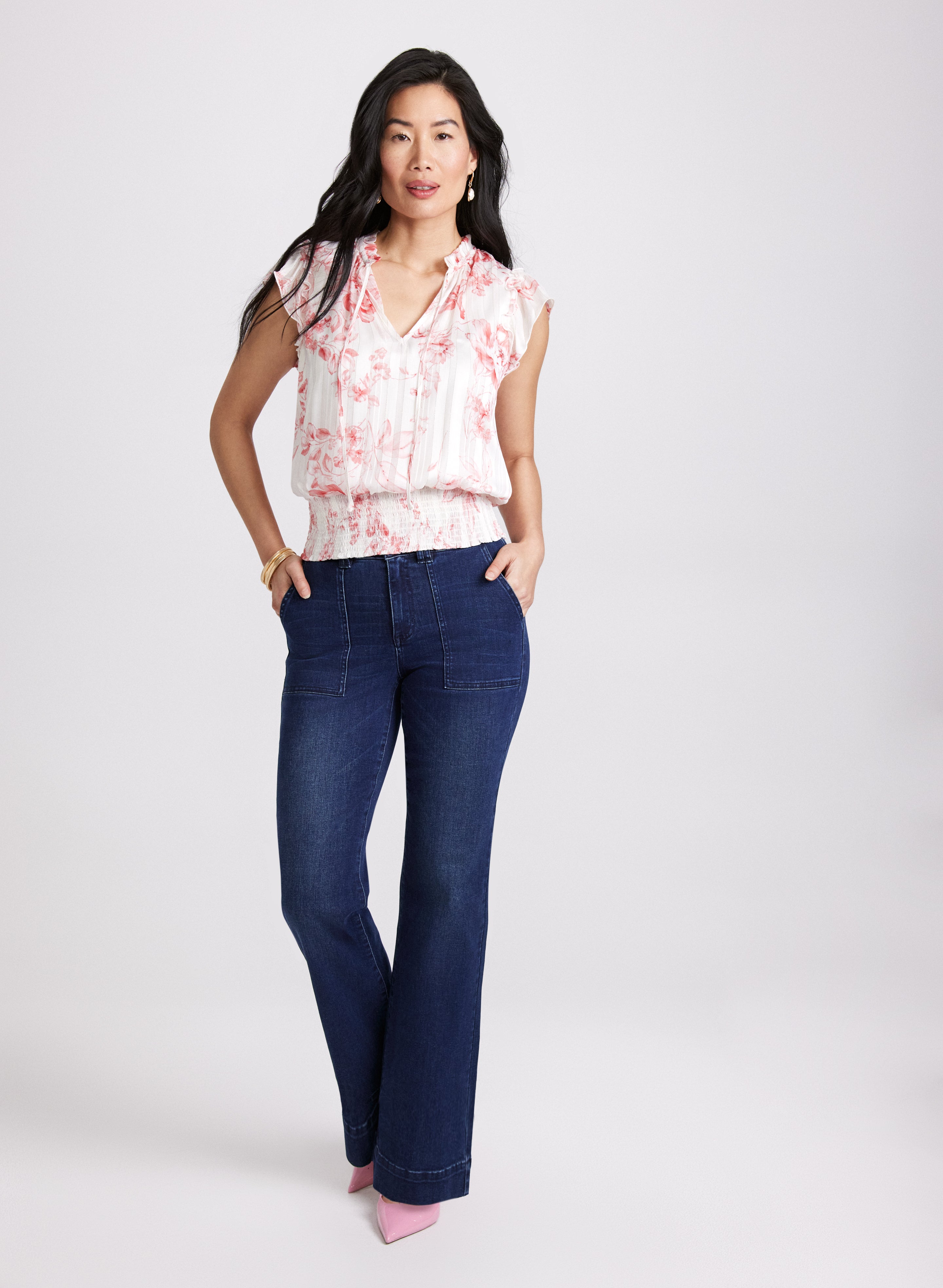 Floral Print Blouse for Women - Elegant Flowy Short Sleeve Tops - Perfect for Spring Summer Outfits, Office Wear & Casual Dates