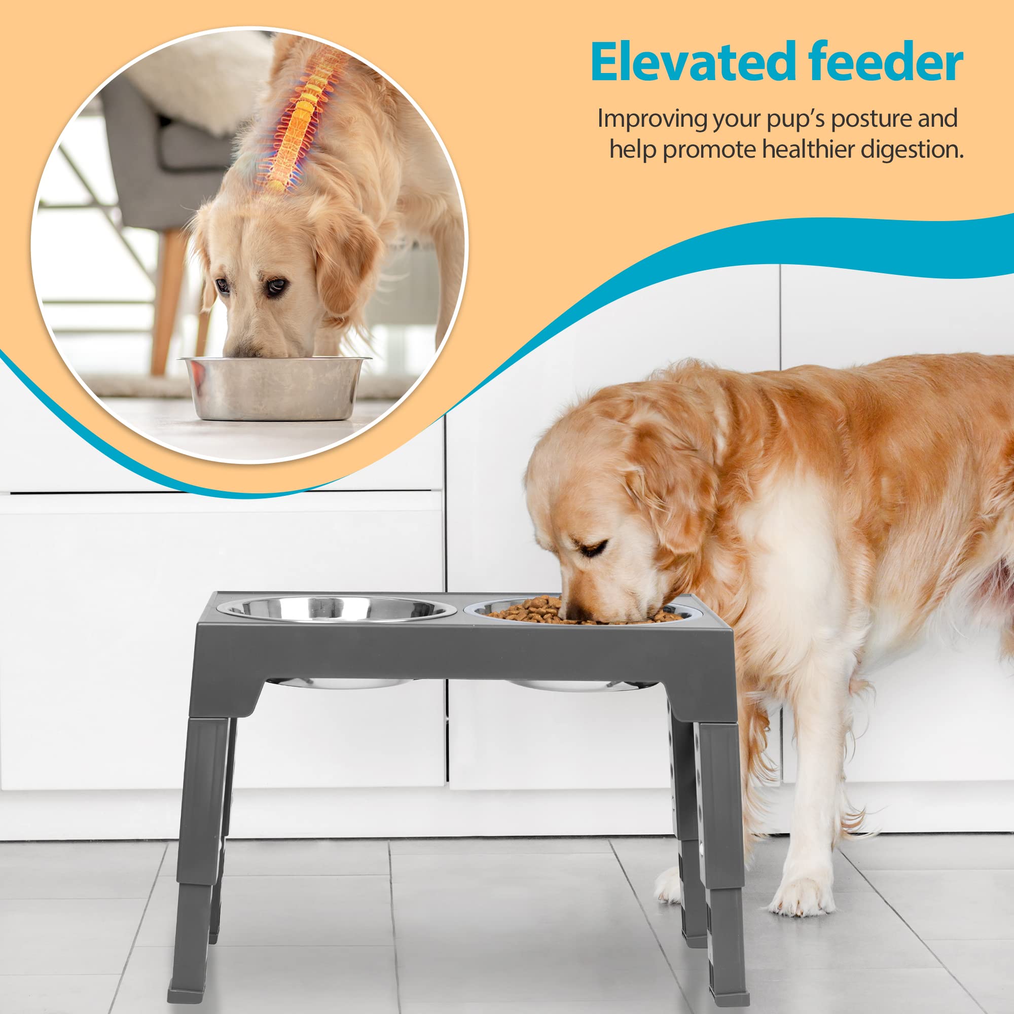 Elevated Dog Bowls Stand with 2 Stainless Steel Food Bowls - Adjustable Height (3.15