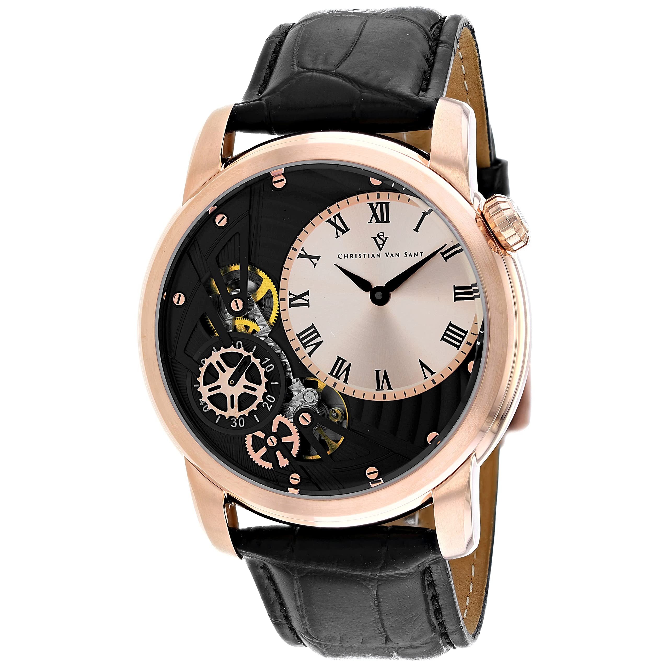 Christian Van Sant Sprocket Auto-Quartz Watch for Men - Rose Gold Dial with Date Window | Water Resistant Dress Watch (Model CV1549) | Perfect for Business Meetings, Weddings & Formal Occasions