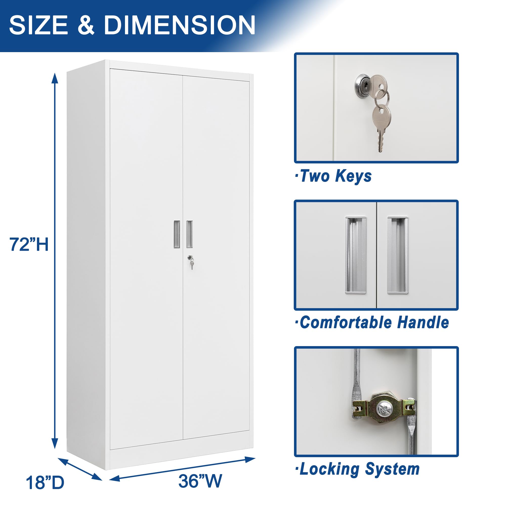 Heavy Duty Metal Storage Cabinet with Lock - 2 Lockable Doors & 4 Adjustable Shelves, White Garage Storage Organizer for Office, Home, Gym, School - Perfect for Storing Tools, Supplies & Equipment
