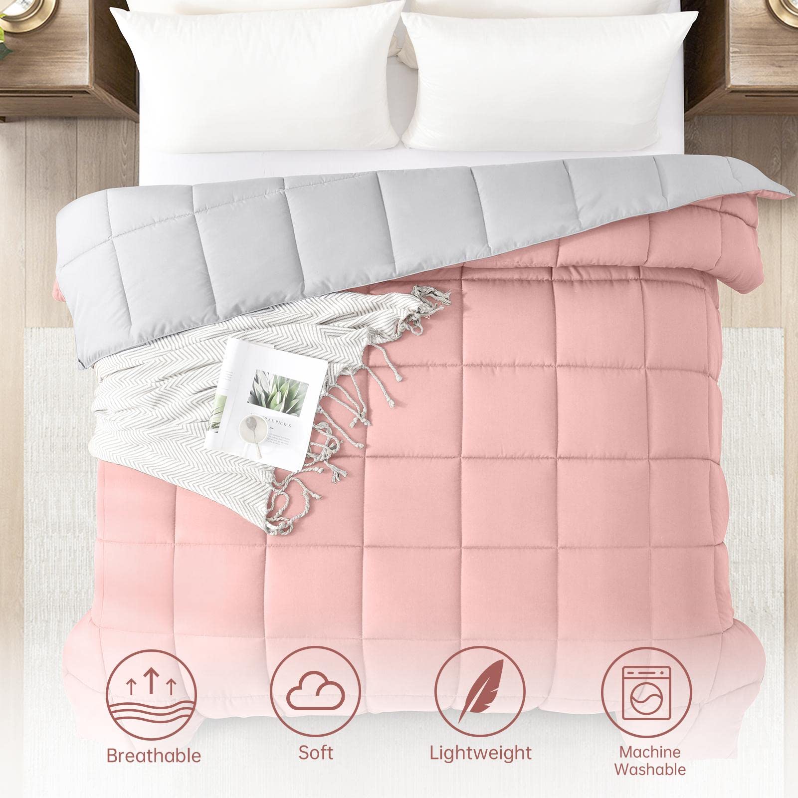 Homelike Moment Twin Comforter Duvet Insert - Pink Down Alternative Bedding, Lightweight All-Season Reversible Comforter (Pink/Grey) for Kids, Teens & Guest Rooms - Soft Quilted Design for Ultimate Comfort