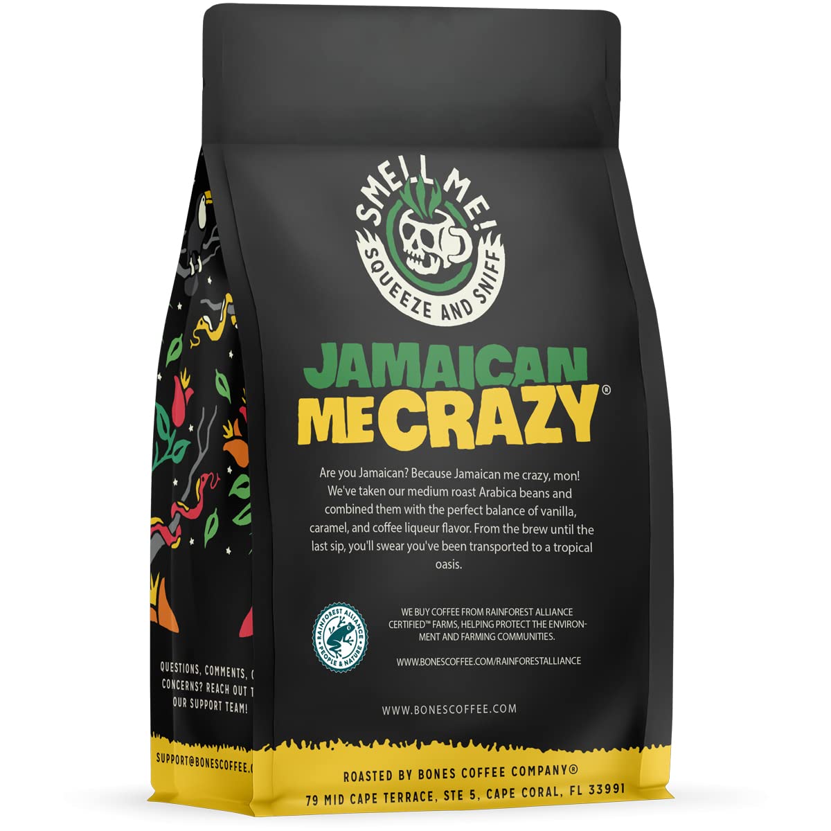 Bones Coffee Company Jamaican Me Crazy Whole Bean Coffee - Medium Roast, Low Acid with Vanilla, Caramel & Coffee Liqueur Flavors (12 oz) | Perfect for Home Brewing, Office Use & Gifts for Coffee Lovers