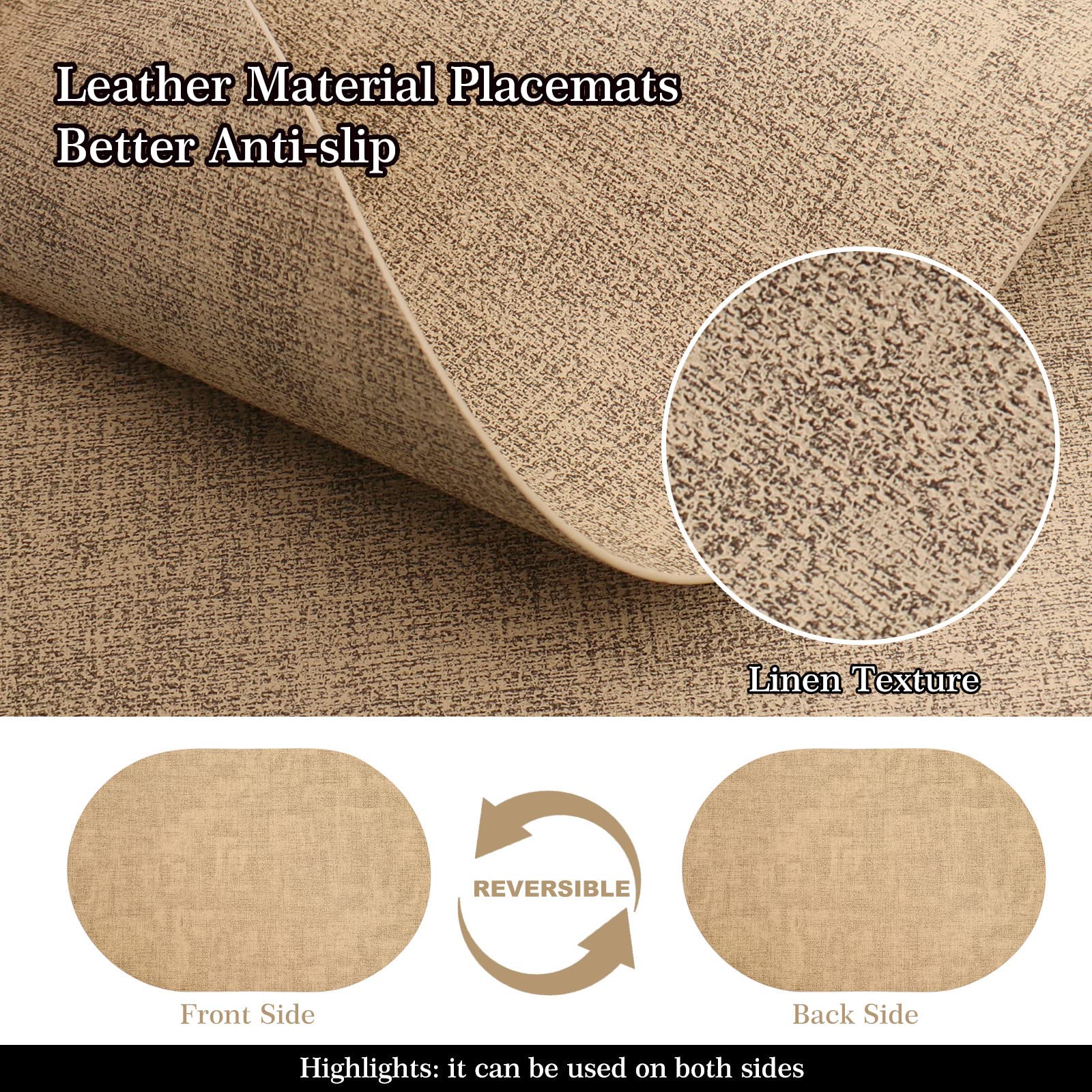 **ANUNU Set of 6 Double-Sided Faux Leather Placemats – Heat Resistant, Waterproof, Non-Slip Oval Dining Table Mats for Kitchen & Home Decor (Camel) – Perfect for Everyday Meals, Dinner Parties & Holiday Gatherings**