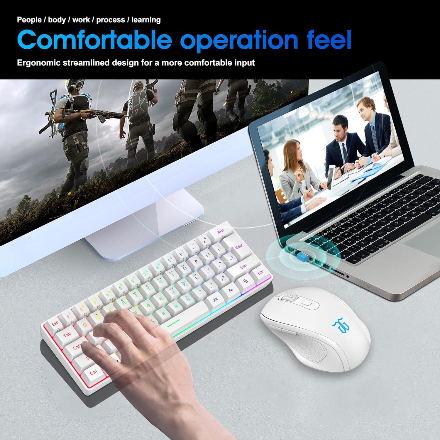 SNPURDIRI 2.4G Wireless Gaming Keyboard and Mouse Combo - 60% Compact Mechanical Feel Keyboard & Ergonomic Mini Mouse (White) for PC, Laptop, Mac - Perfect for Gaming, Office Work & Home Use