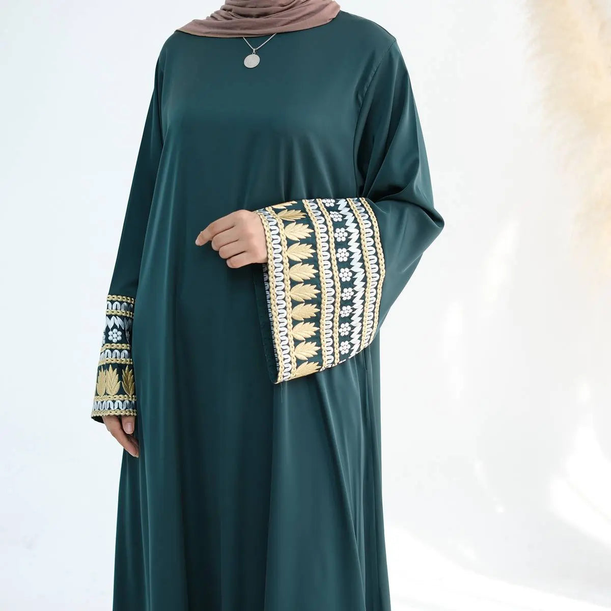 Elegant Satin Abaya Dress with Embroidery Cuff - Modest Islamic Clothing for Women | Perfect for Prayer, Eid, and Special Occasions