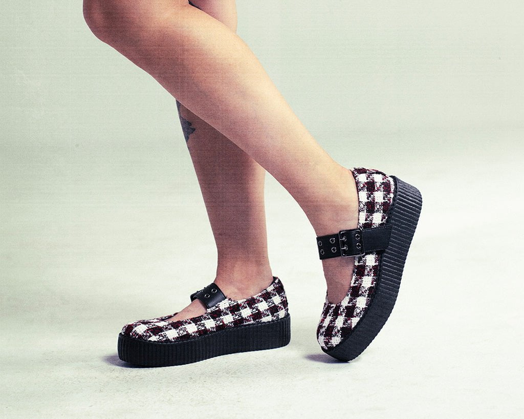 Red & White Checkered Mondo Mary Jane Shoes - Classic Retro Flats for Women & Girls - Perfect for School, Work, and Casual Outfits