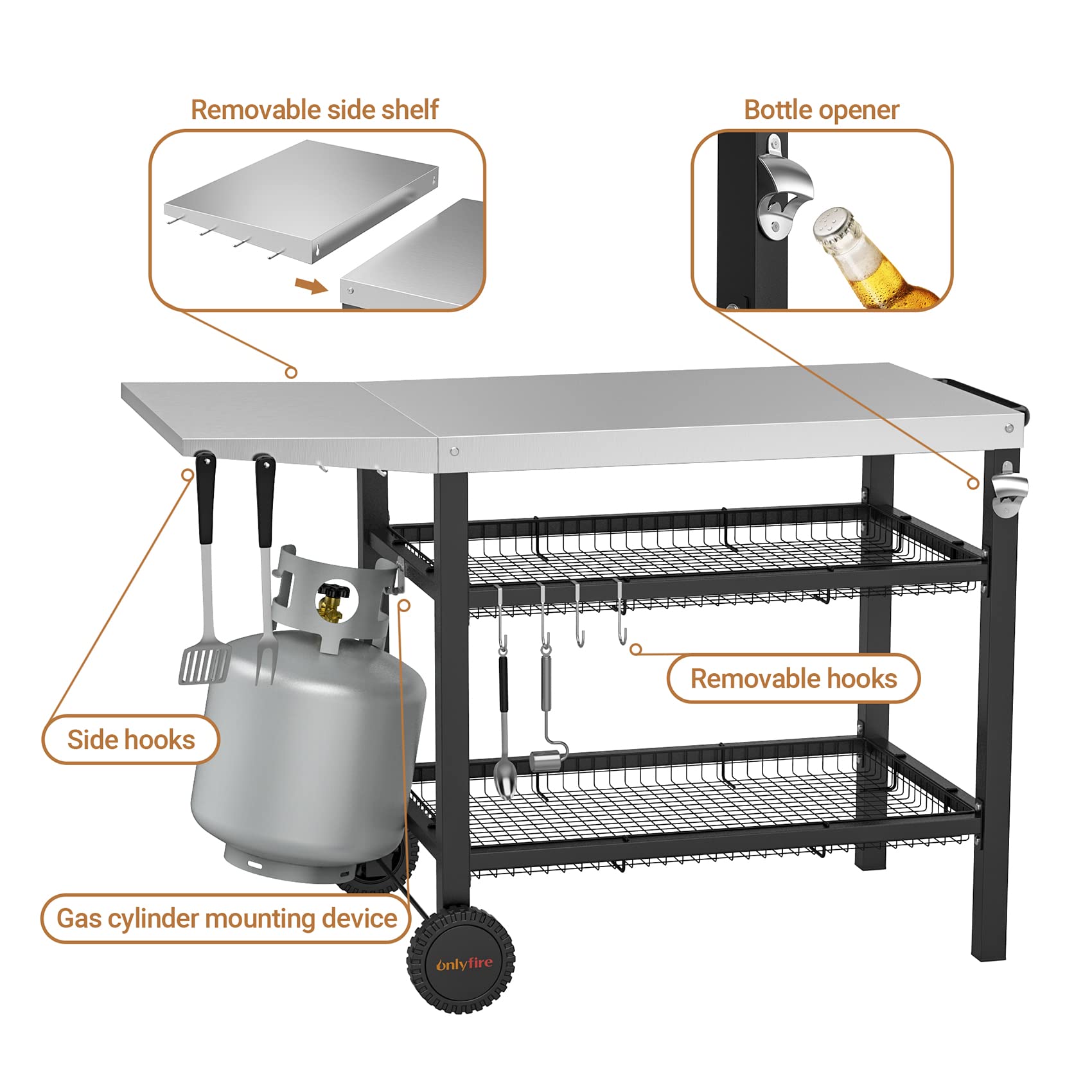 OnlyFire Stainless Steel Pizza Oven Cart for Ooni, Ninja Woodfire, Blackstone - Outdoor Grill Prep Table with Storage Basket & Wheels | Portable Cooking Station for Backyard, Patio & Camping Pizza Parties