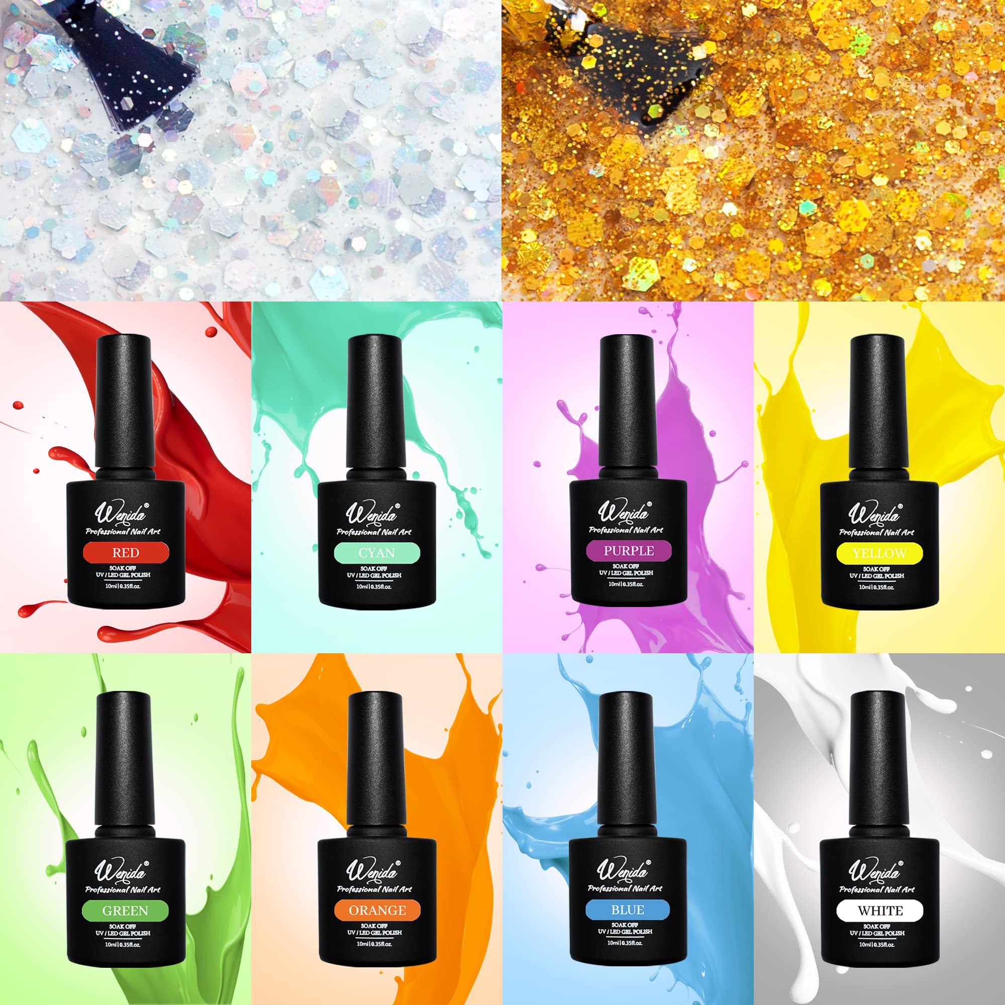 Wenida 10 Color Rainbow Holographic Glitter Gel Nail Polish Set - Gold Silver Chrome Chunky Glitter Soak Off Varnish for DIY Manicure | Home Salon, Party, Wedding Nail Art