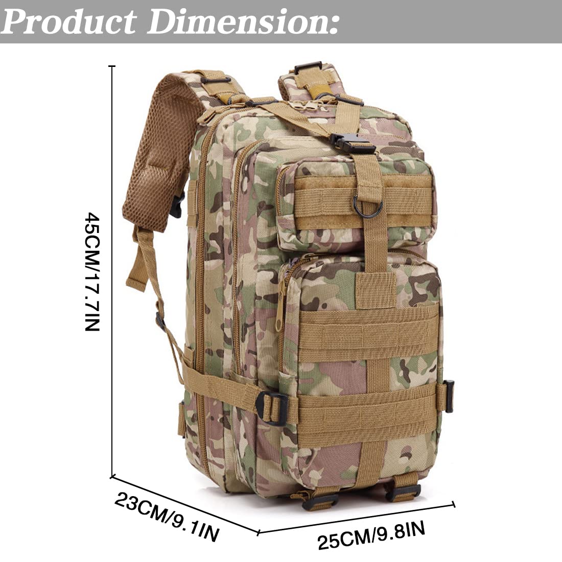 LIMHOO Tactical Backpack for Men - 30L Small Military Rucksack with Molle System & USA Flag Patch (CP Camo) - Durable Army Backpack for Hiking, Camping, EDC and Outdoor Adventures