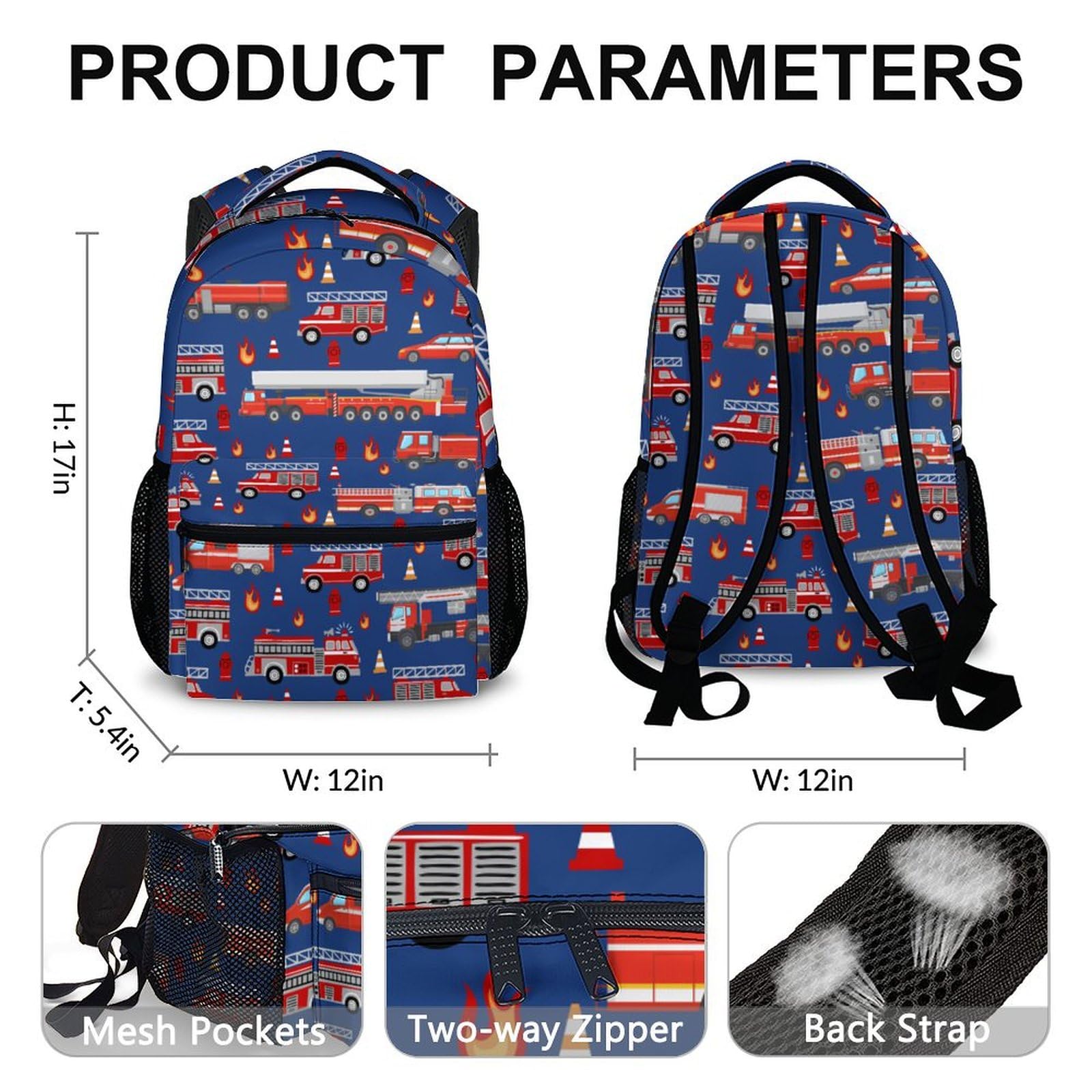 17 Inch Navy Fire Truck Backpack for Boys - Lightweight School Bookbag with Cool Design for Preschool & Elementary Kids | Perfect for Daily Use, Classroom, Travel & Outdoor Activities