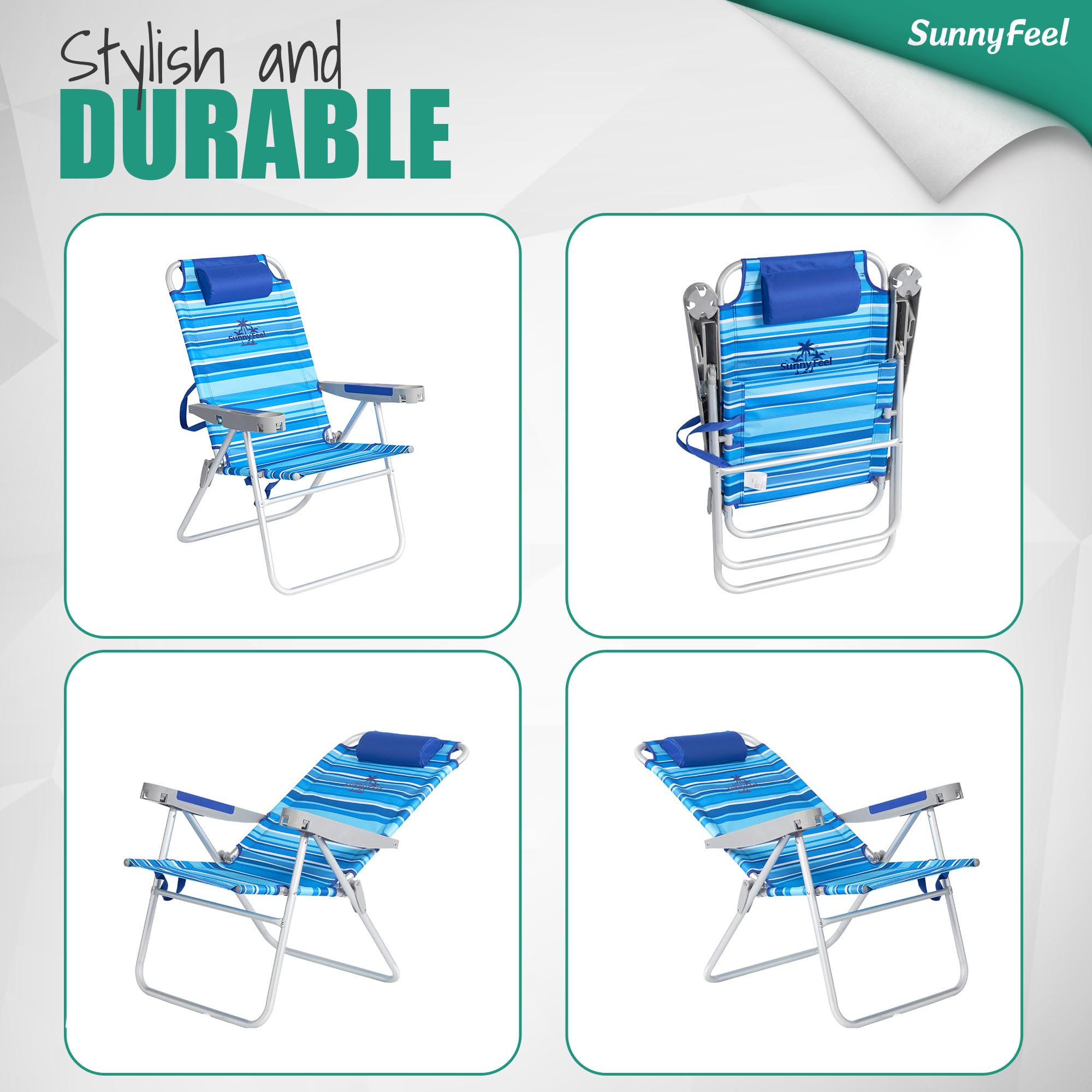 Sunnyfeel Heavy Duty 500lb Capacity Folding Beach Chair for Adults - Lightweight Portable Sand Chair with Cup Holders, Tall Foldable Camping Lawn Chair for Outdoor Activities, Beach, Picnic, Concert & Sports Events - Perfect for Summer Vacations, Backyard Relaxation and Tailgating Parties