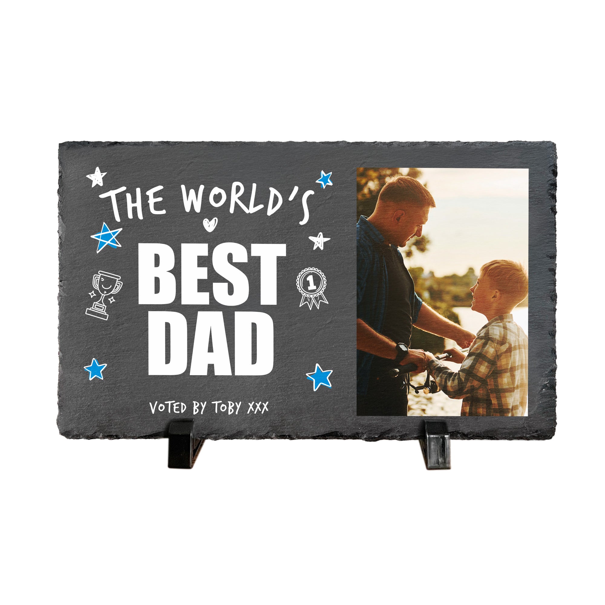 Custom Engraved 'World's Best Dad' Photo Slate Plaque with Wooden Stand - 30x20cm - Perfect Father's Day Gift, Anniversary Present & Home Office Decor