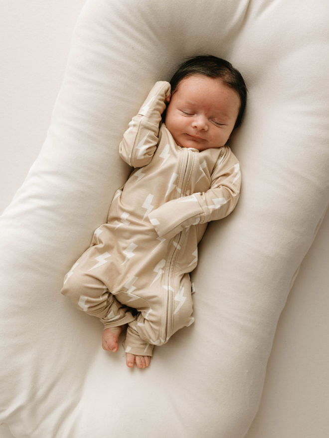 Bamboo Zip Pajamas for Women & Men - Soft & Breathable Tan & Cream Lightning Bolt Print Sleepwear - Perfect for Lounge, Travel & Relaxation at Home