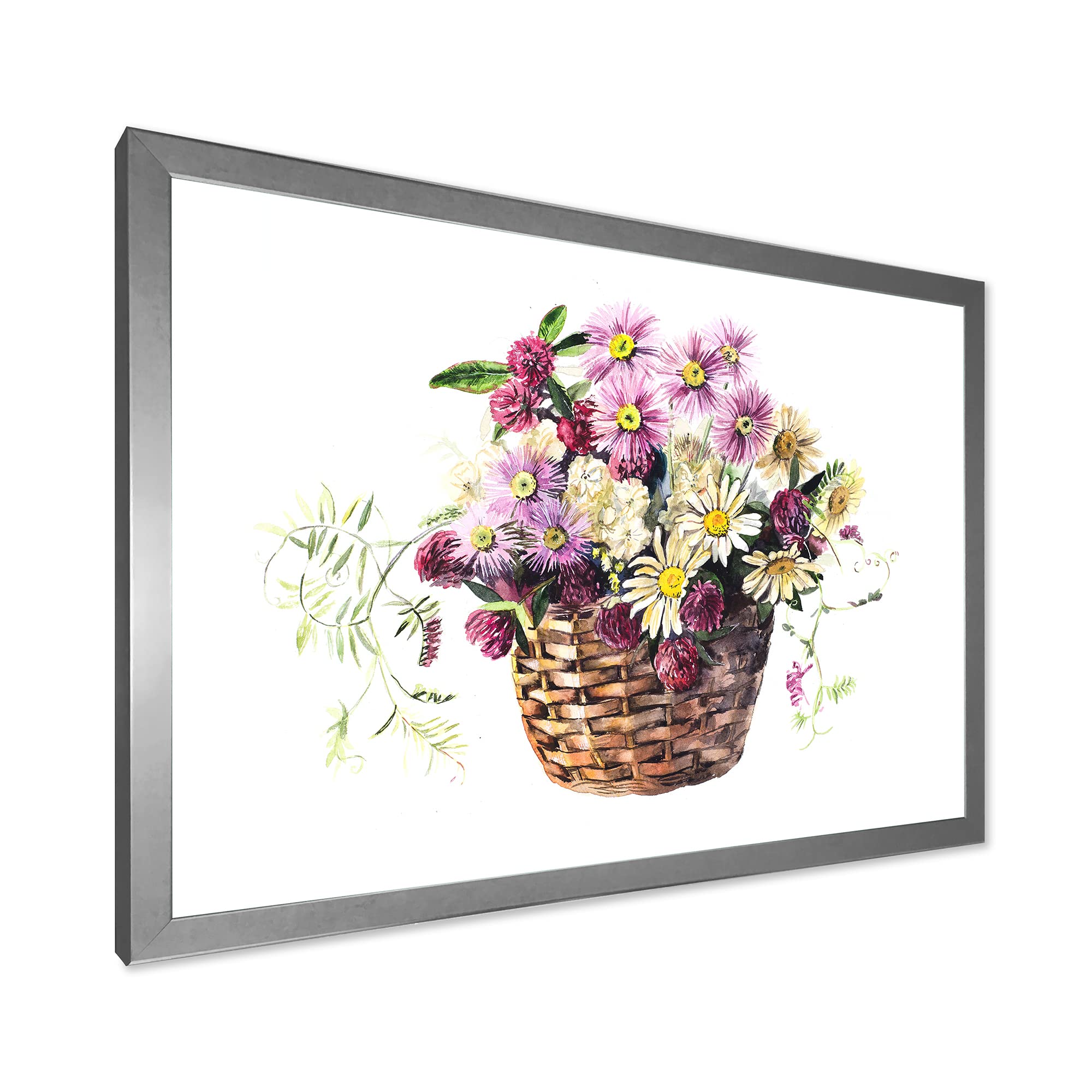 DesignQ Traditional Framed Wall Art - Meadow Flower Bouquet in Basket Painting - Perfect for Living Room, Bedroom & Office Decor