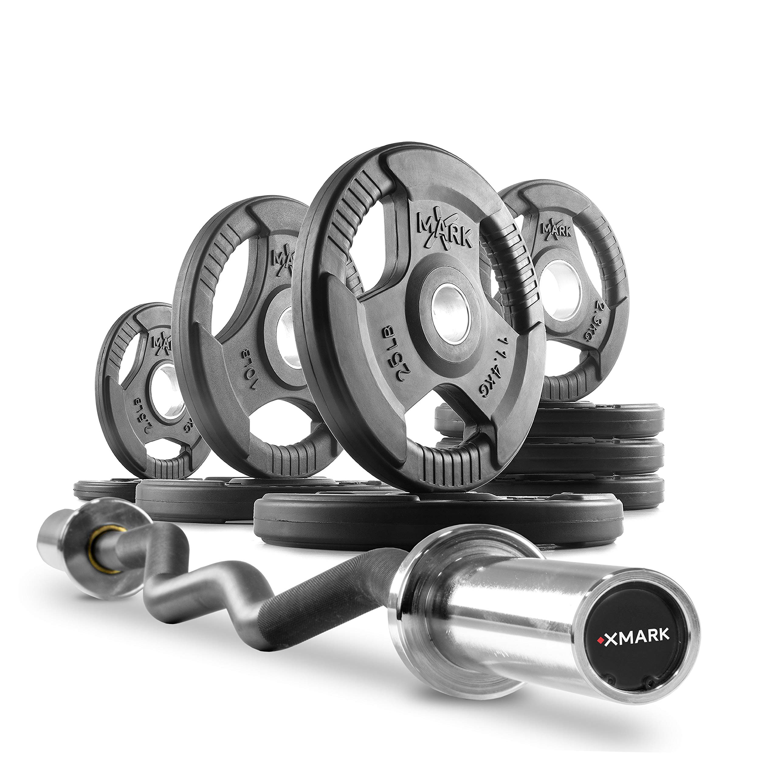 XMark Olympic Weight Set with EZ Curl Bar - 300LB Olympic Barbell Set with TRI-Grip Weight Plates & 3675 EZ Curl Bar - 2 Inch Barbell for Bicep Curls, Triceps Extensions - Perfect for Home Gym, Strength Training & CrossFit Workouts