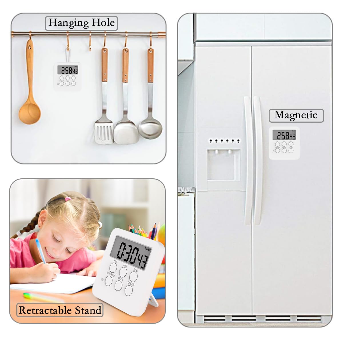Magnetic Digital Kitchen Timer with Loud/Mute Alarm - 3-in-1 Count Up/Down Timer, Large LCD Display & Memory Function - Perfect for Cooking, Baking, Studying and Office Use (White)
