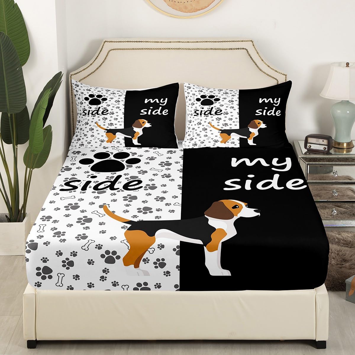 Erosebridal Cute Dog Paw Print Queen Size Bed Sheet Set - Black & White Puppy Bones Design for Kids, Boys & Girls | Soft & Comfortable Animal Themed Bedding Includes Fitted Sheet, Flat Sheet & 2 Pillowcases | Perfect for Pet Lovers' Bedroom Decor & Cozy Sleep
