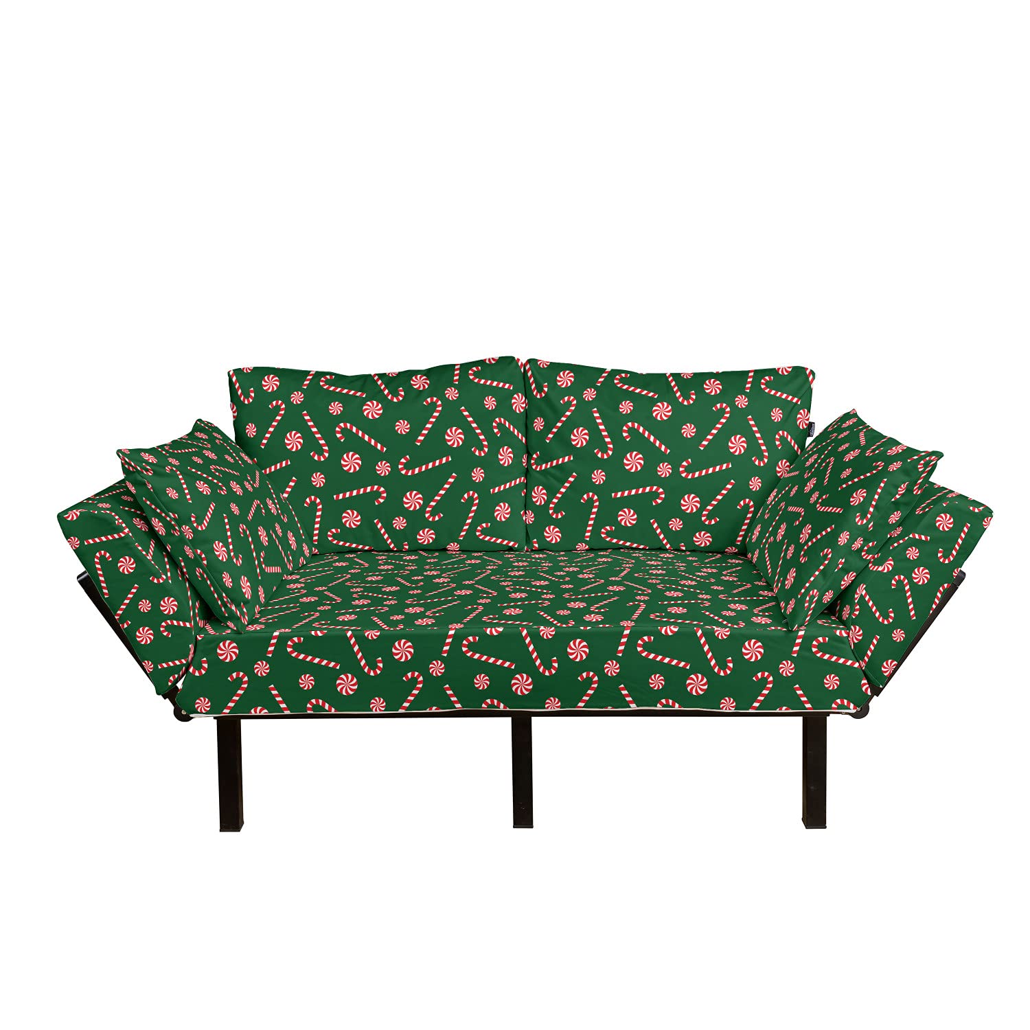 Lunarable Candy Cane Futon Couch - Christmas Themed Daybed with Metal Frame | Upholstered Sofa for Living Room, Dorm & Small Spaces | Loveseat in Fern Green & Vermilion | Perfect for Holiday Decor & Cozy Seating