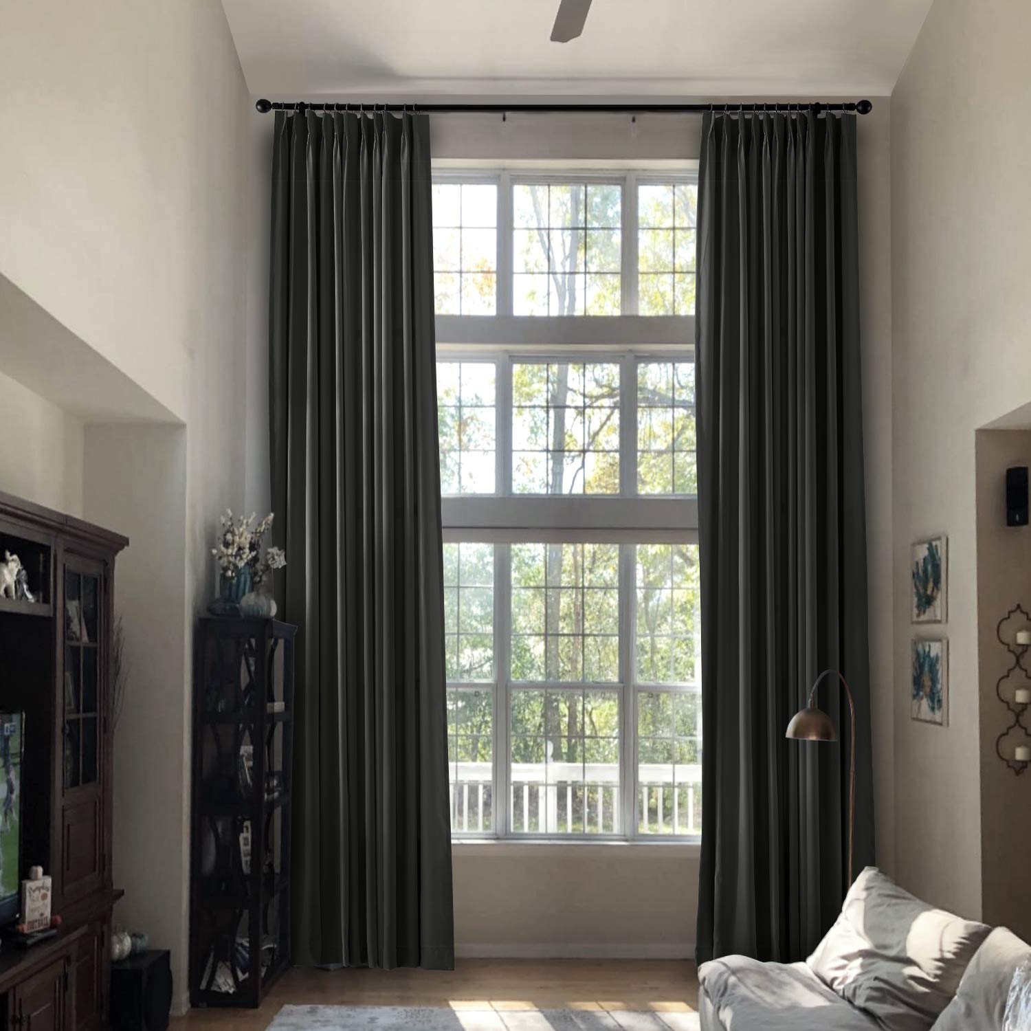 Prim Blackout Curtains for Living Room - Pinch Pleat Modern Window Drapes, Extra Long Ceiling to Floor, Room Divider & Patio Use, 1 Panel (Black) - Perfect for Home Theater, Nursery & Light Control
