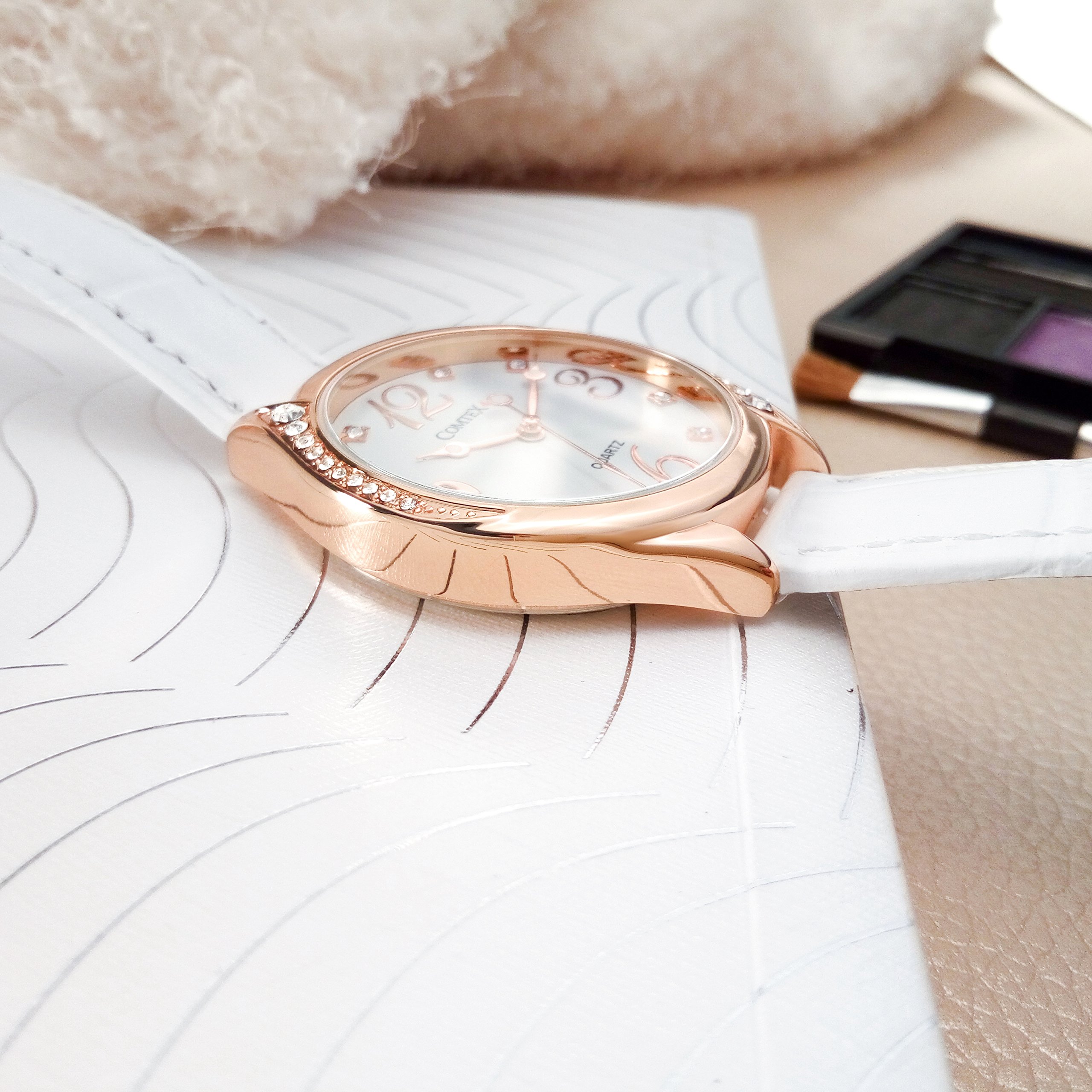 COMTEX Women's Watches with Large White Dial, Rose Gold Tone, White Leather Strap - Elegant Fashion Watch for Ladies, Perfect for Office, Party & Everyday Wear