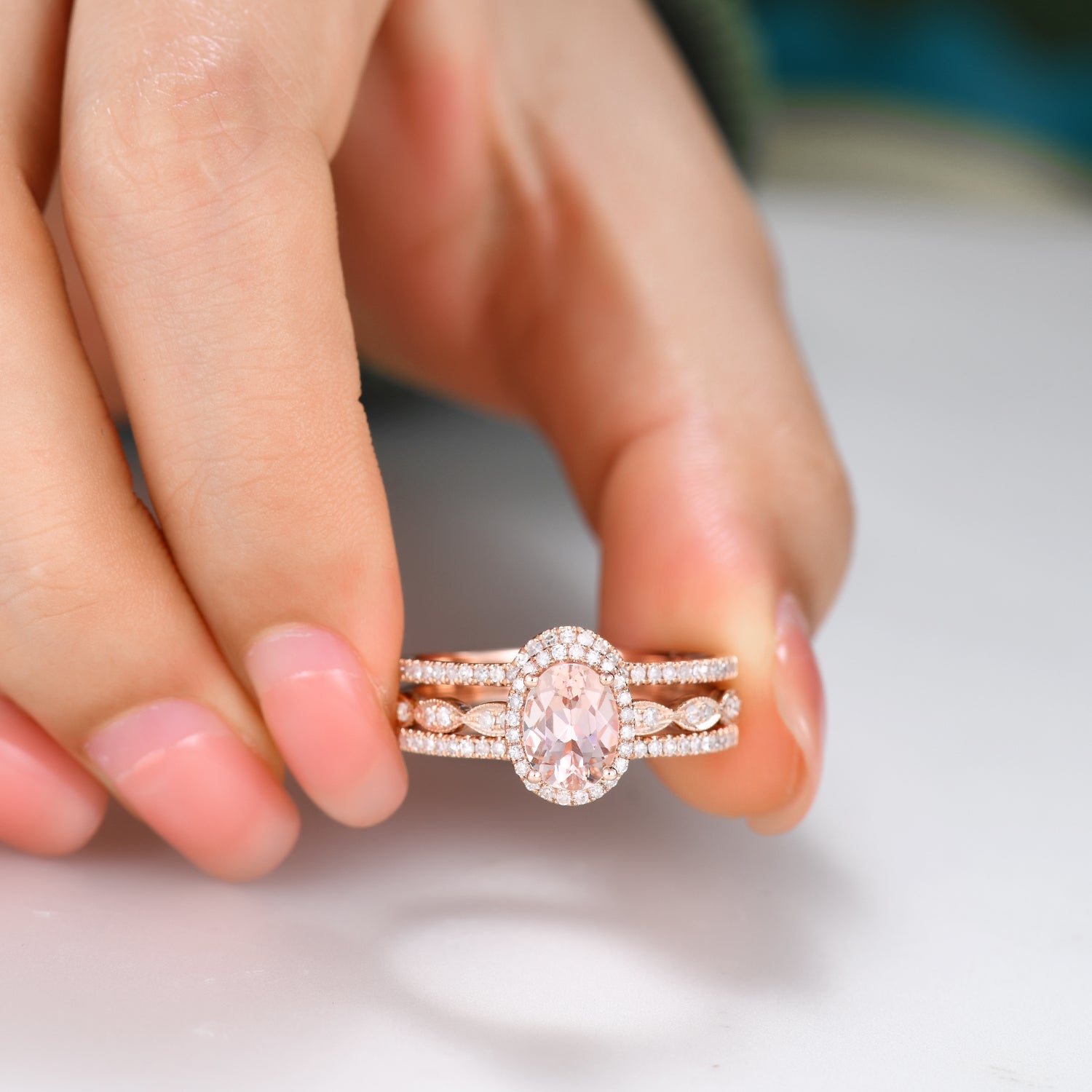 Stackable Oval Cut Morganite Engagement Ring Set with Diamond Accent Double Row Band - Perfect for Bridal, Wedding, and Anniversary Gifts
