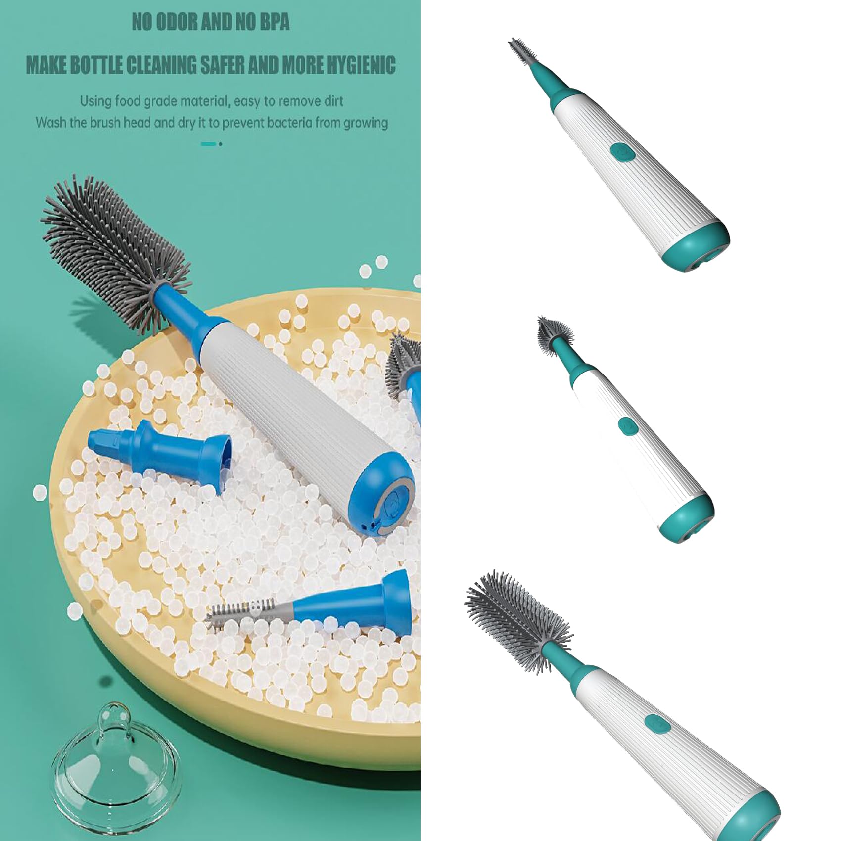 Electric Cleaning Bottle Brush Set with Baby Bottle & Straw Brush - IP65 Waterproof Kitchen & Baby Bottle Cleaner (Green) - Perfect for Baby Feeding, Travel Bottles & Reusable Straws