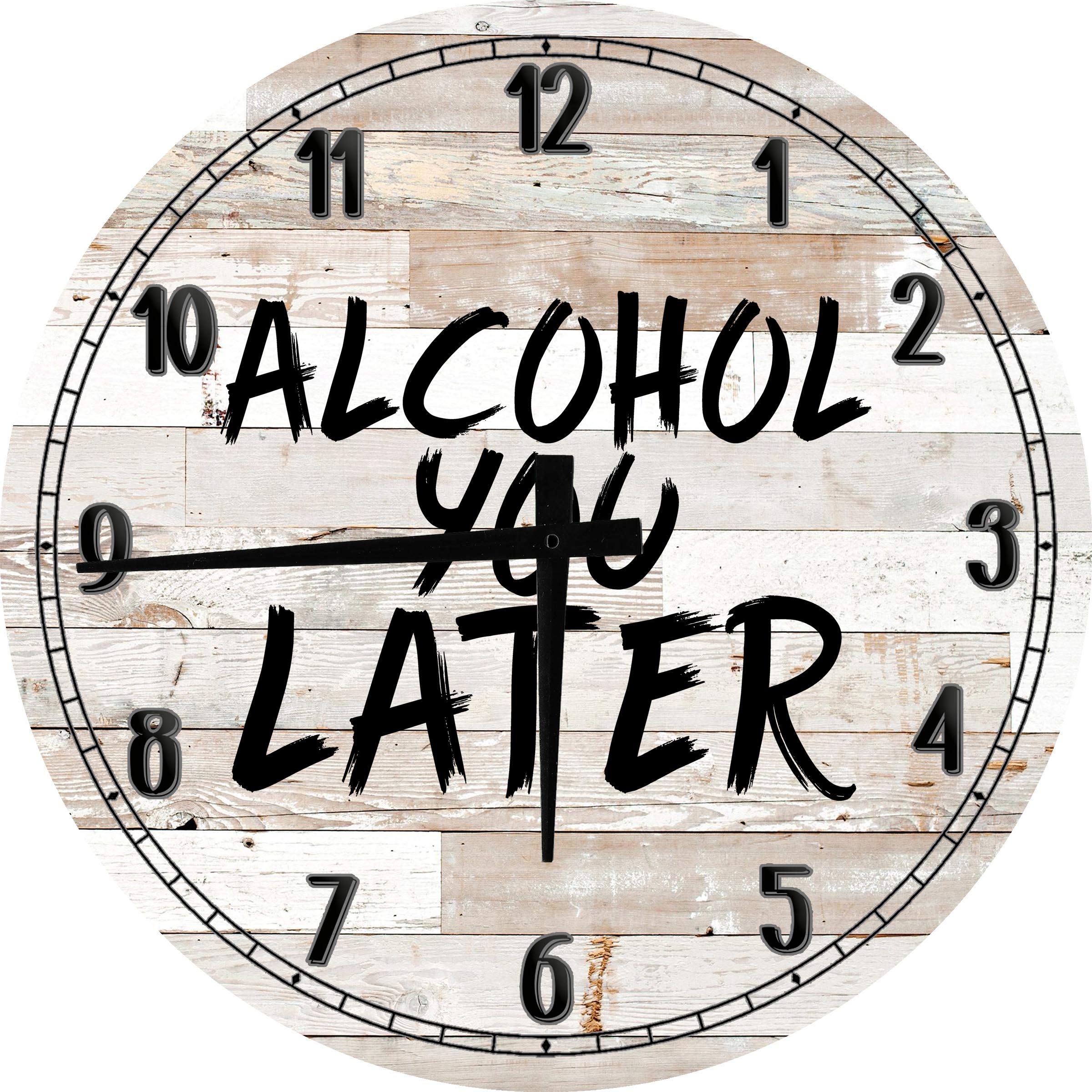 Funny Alcohol Wall Clock - 'You Later' Pun Design, 12 Inch Large Round Wooden Wall Art for Drunk Drinking Party Decor, Perfect for Home Bar, Kitchen, or Man Cave