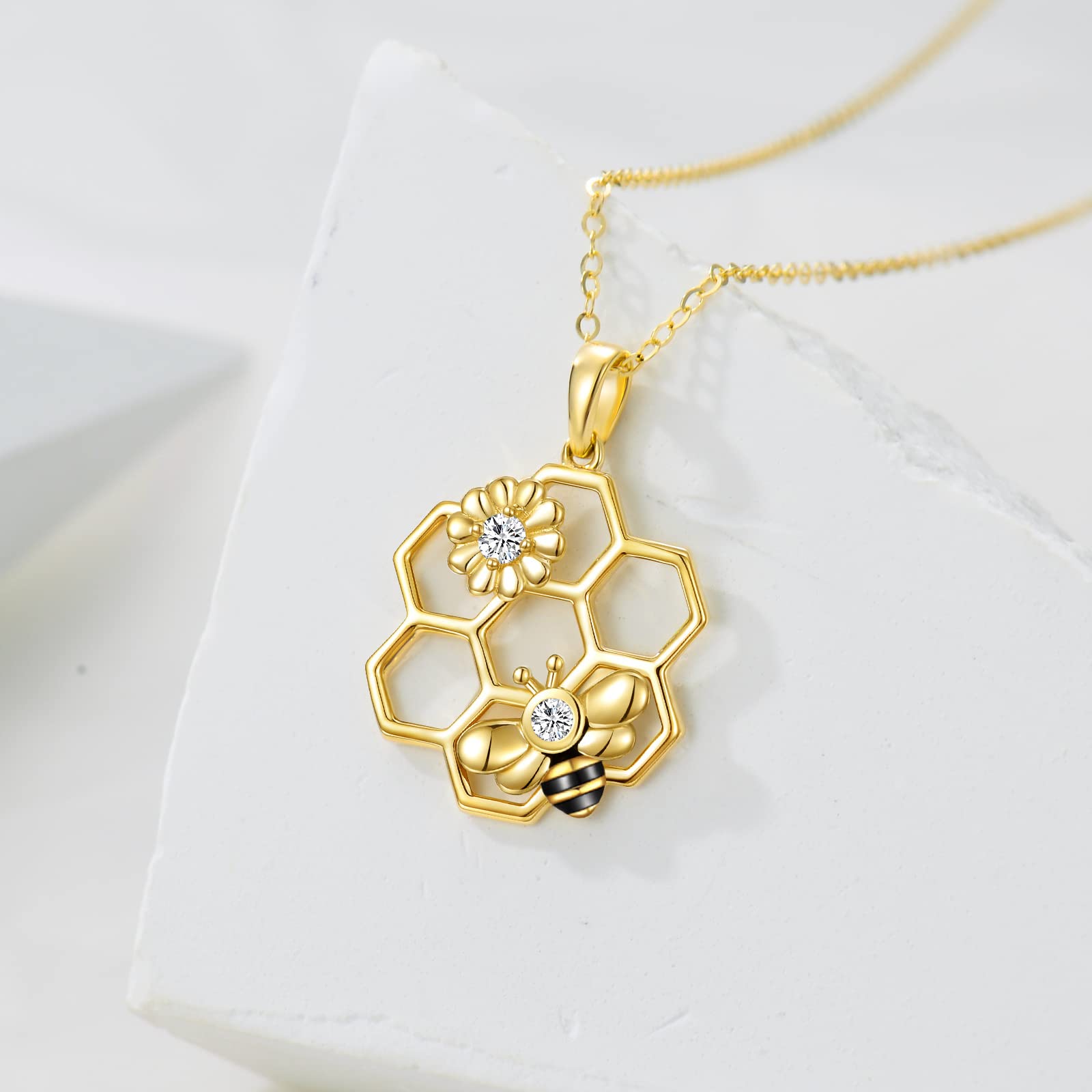 14K Yellow Gold Honey Bee Pendant Necklace for Women - Elegant Honeycomb & Heart Charm Jewelry Gift for Mom, Wife, Her | Perfect for Mother's Day, Anniversary & Romantic Occasions